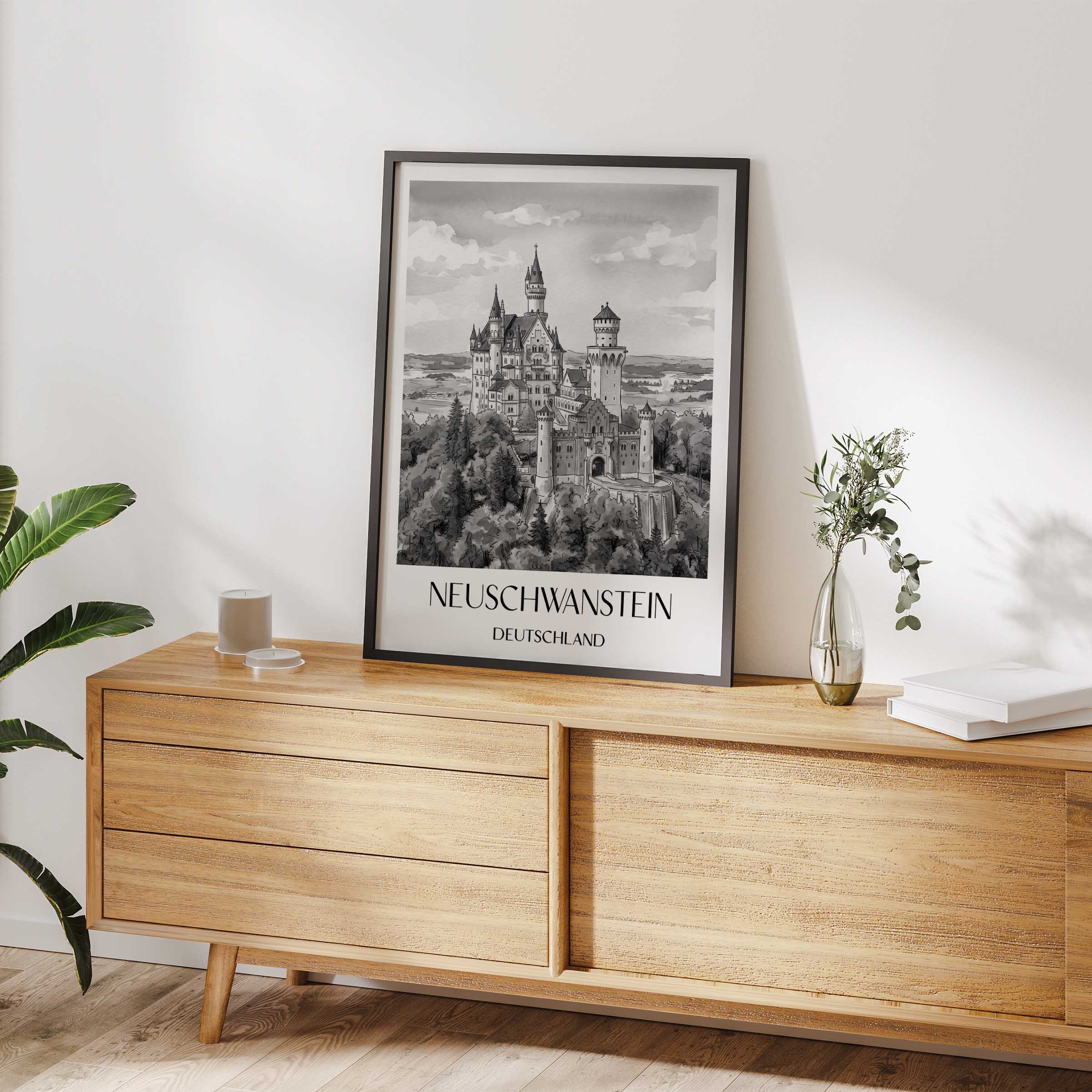 neuschwanstein-deutschland-poster-aquarell-schwarz-weiss