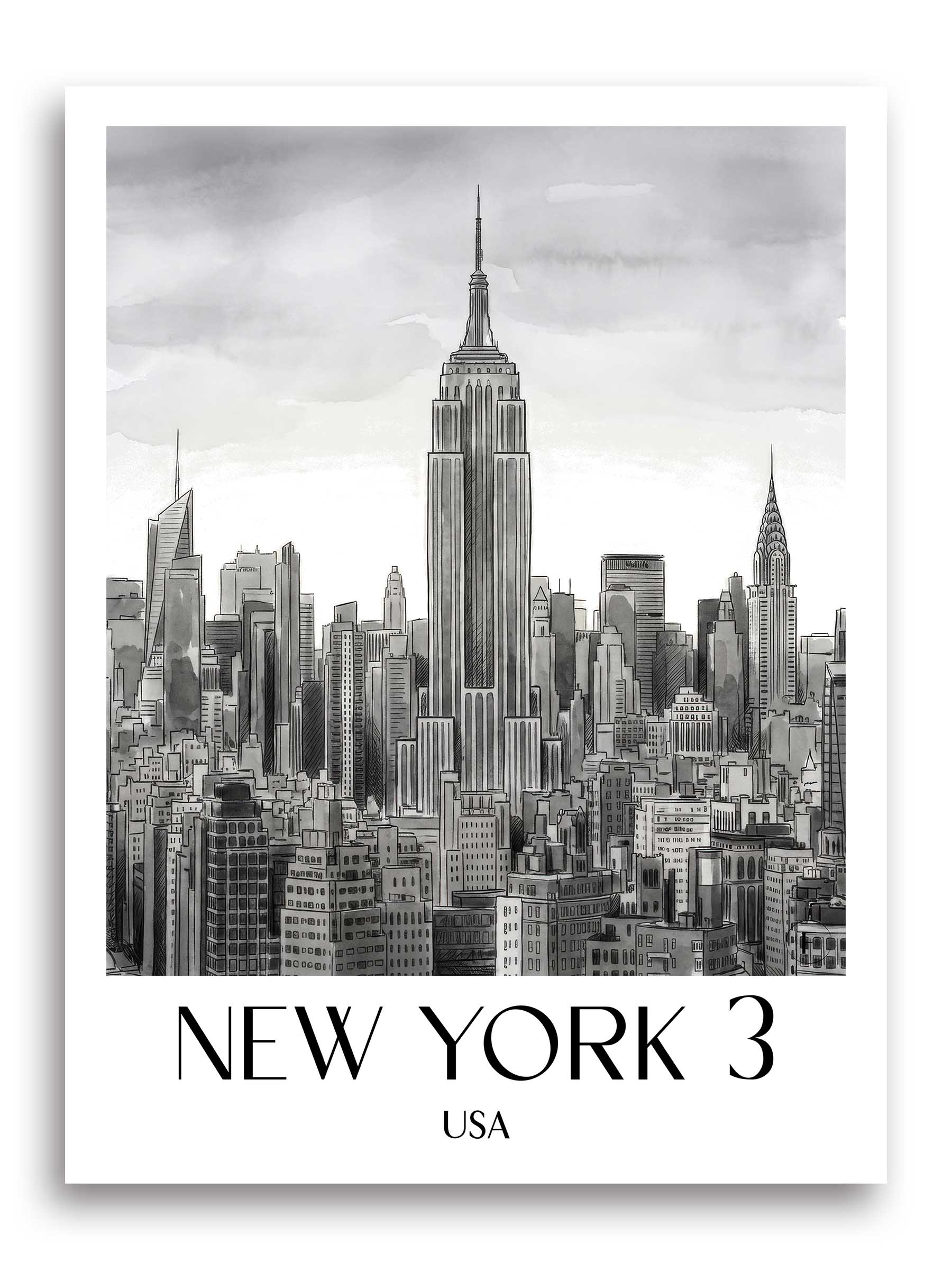 New York 3 Poster - - USA Kunstdruck - Aquarell Schwarz-Weiß von A4 bis A1 - favplace