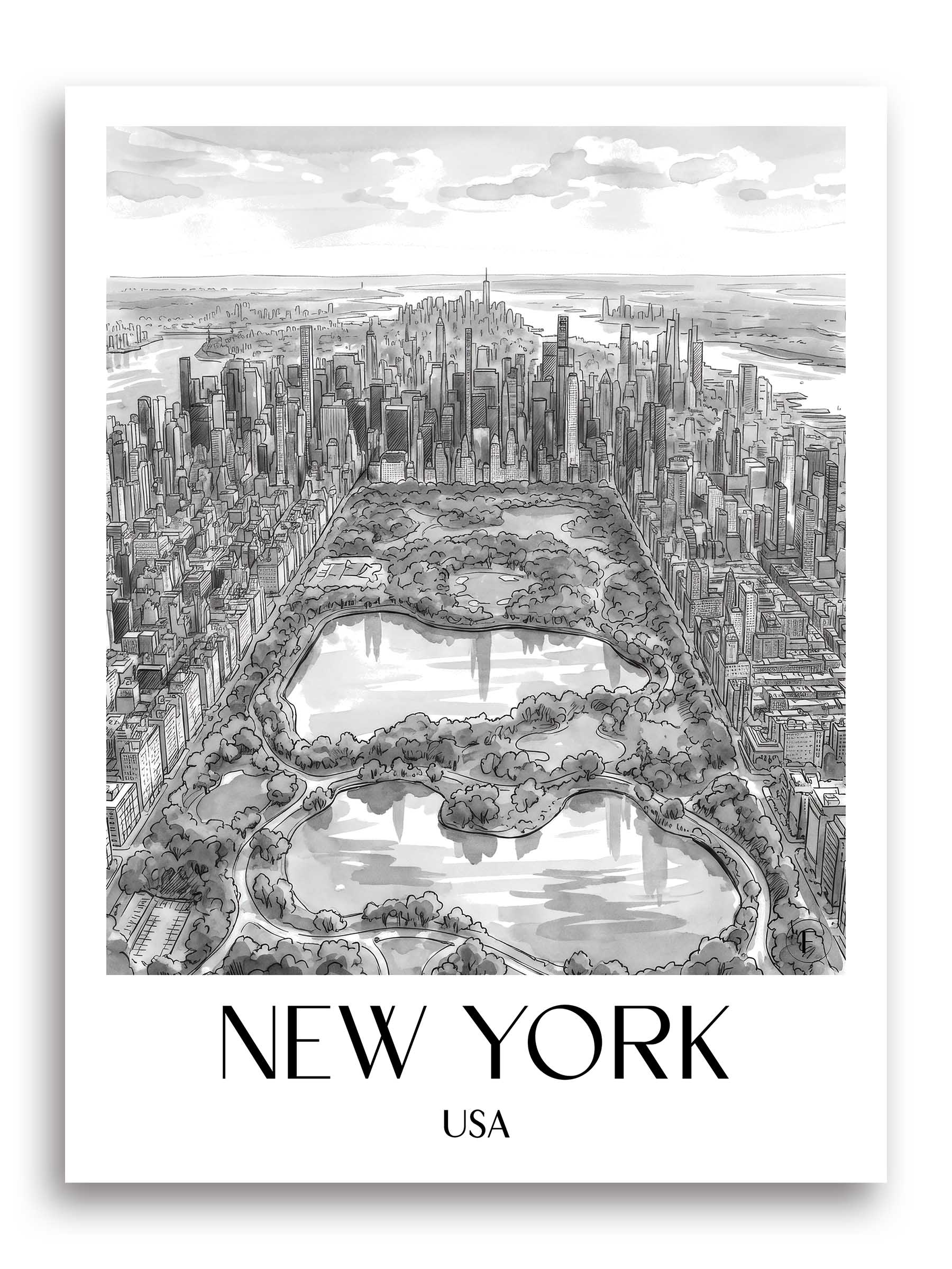 New York Poster - USA - USA Kunstdruck - Aquarell Schwarz-Weiß von A4 bis A1 - favplace