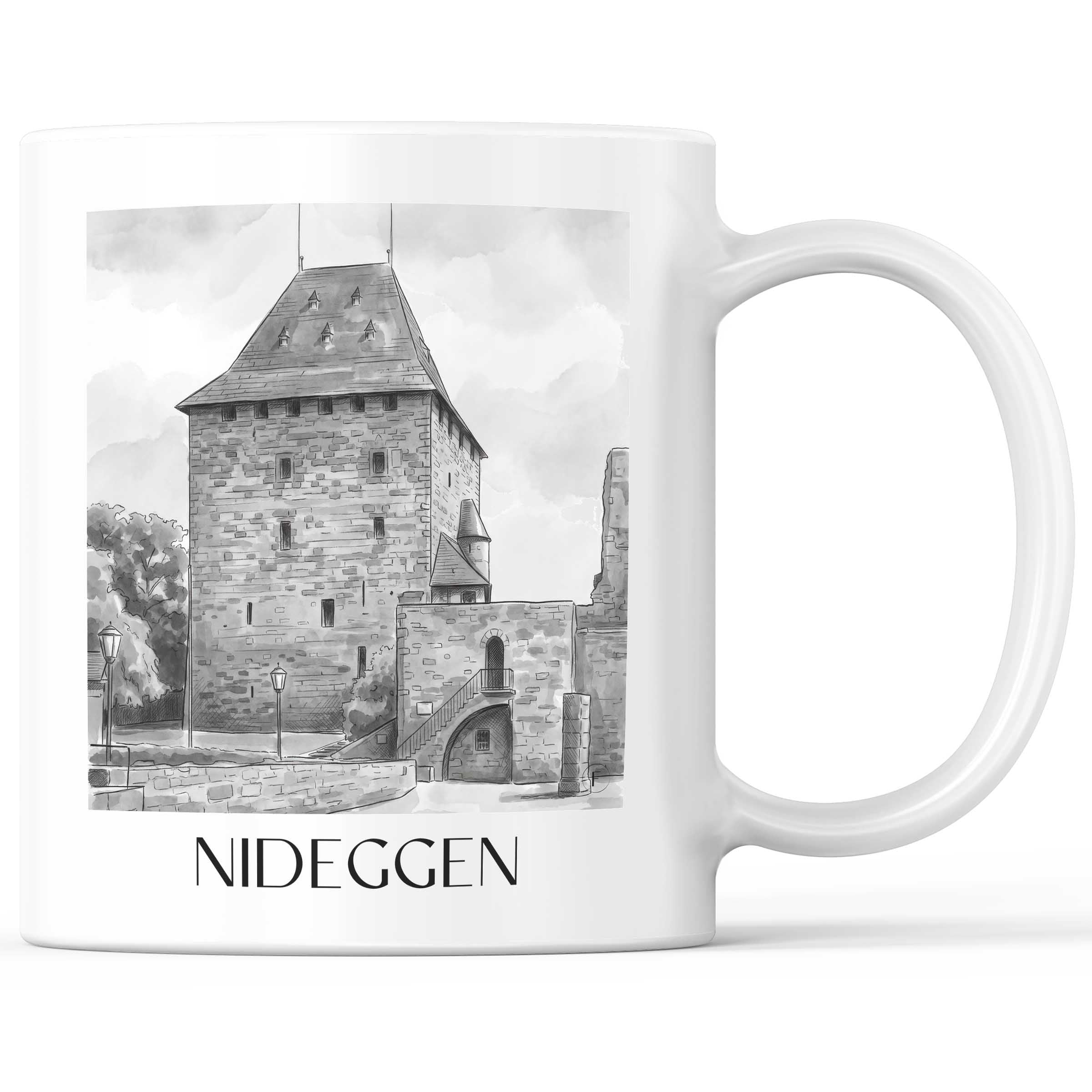 Nideggen Kaffeebecher - Eifel - Deutschland Becher - Kaffeetasse im Aquarell Schwarz-Weiß Stil - favplace
