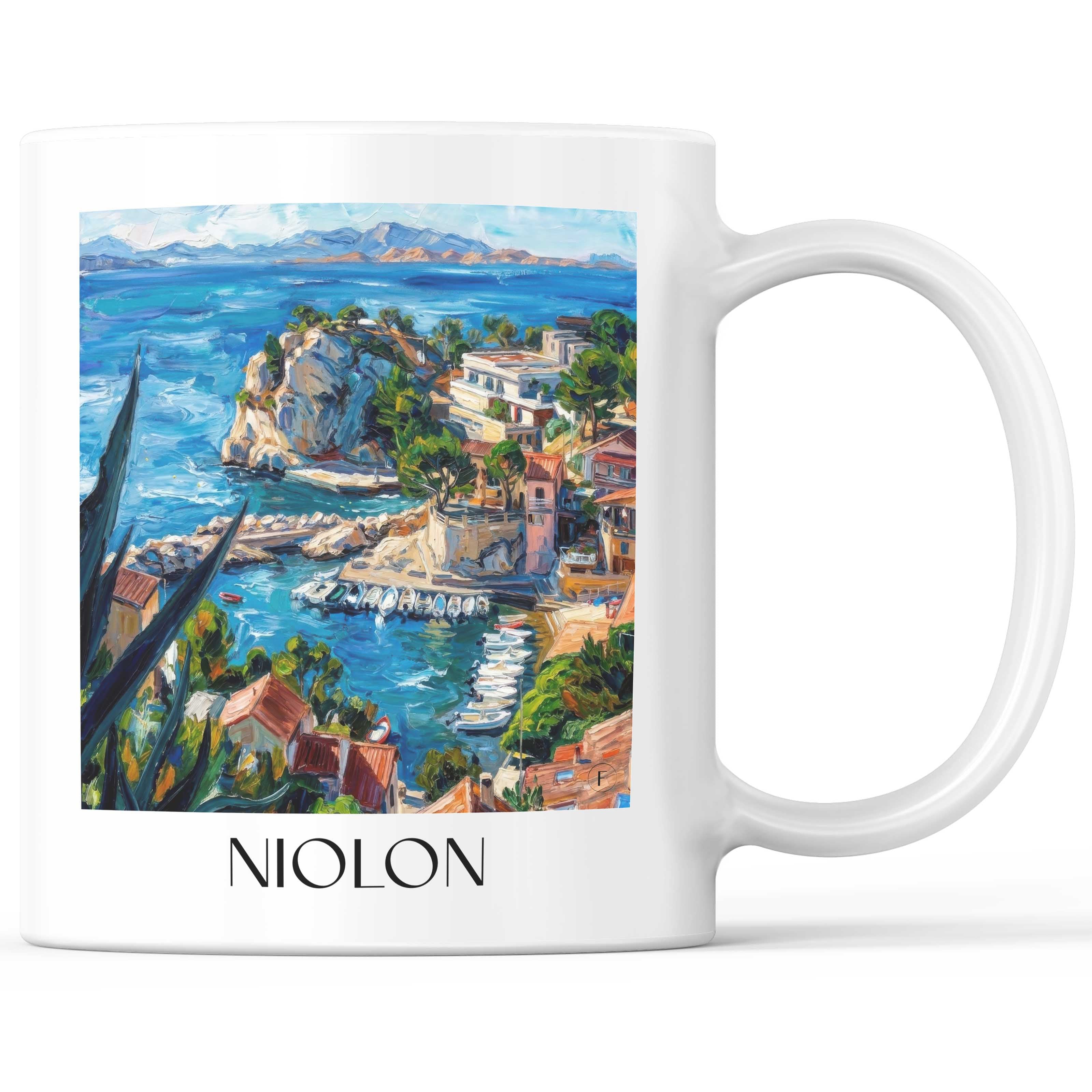 Niolon Kaffeebecher - Côte Bleue - Frankreich Becher - Kaffeetasse im Ölgemälde Stil - favplace