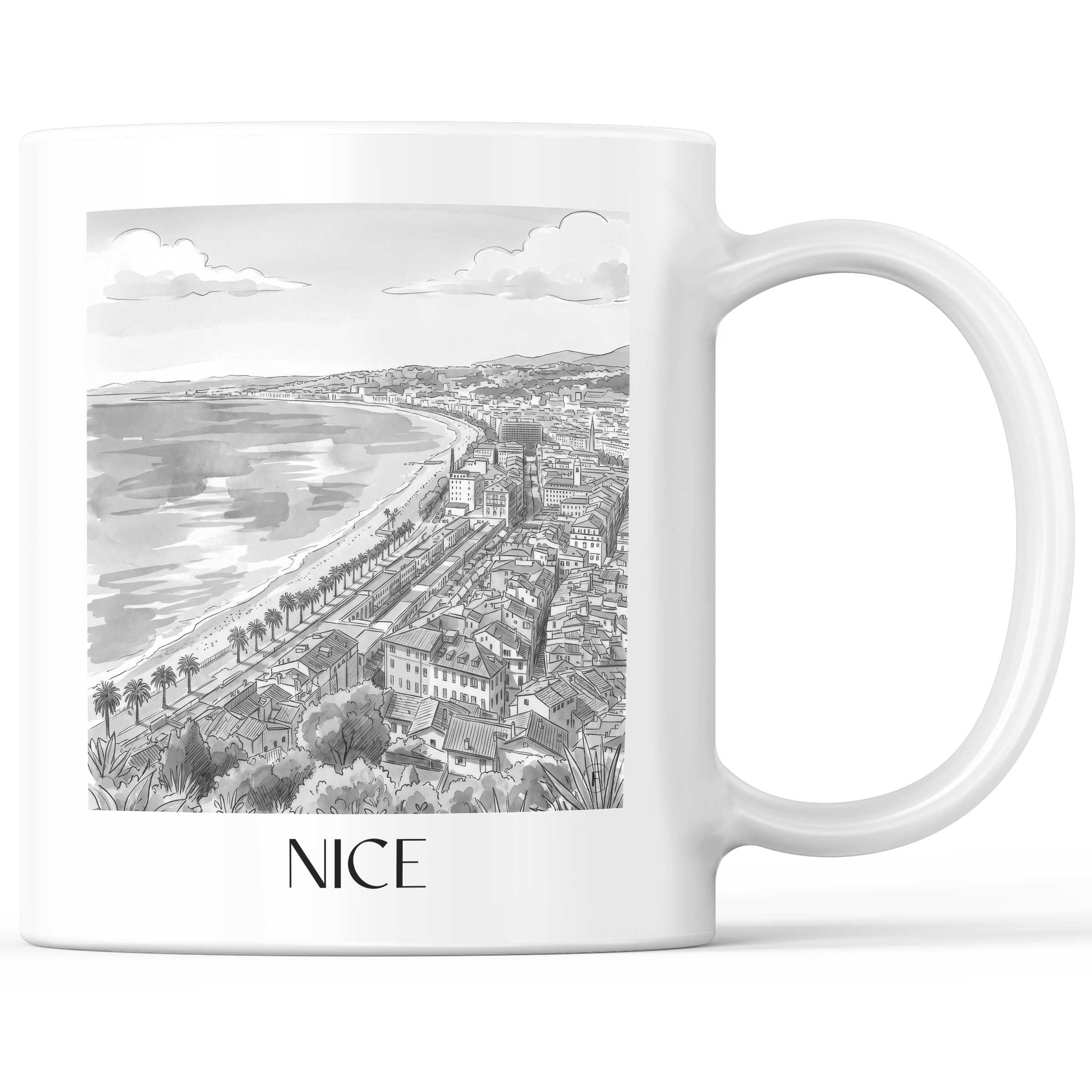Nizza - Frankreich Becher - Kaffeetasse im Aquarell Schwarz-Weiß Stil - favplace