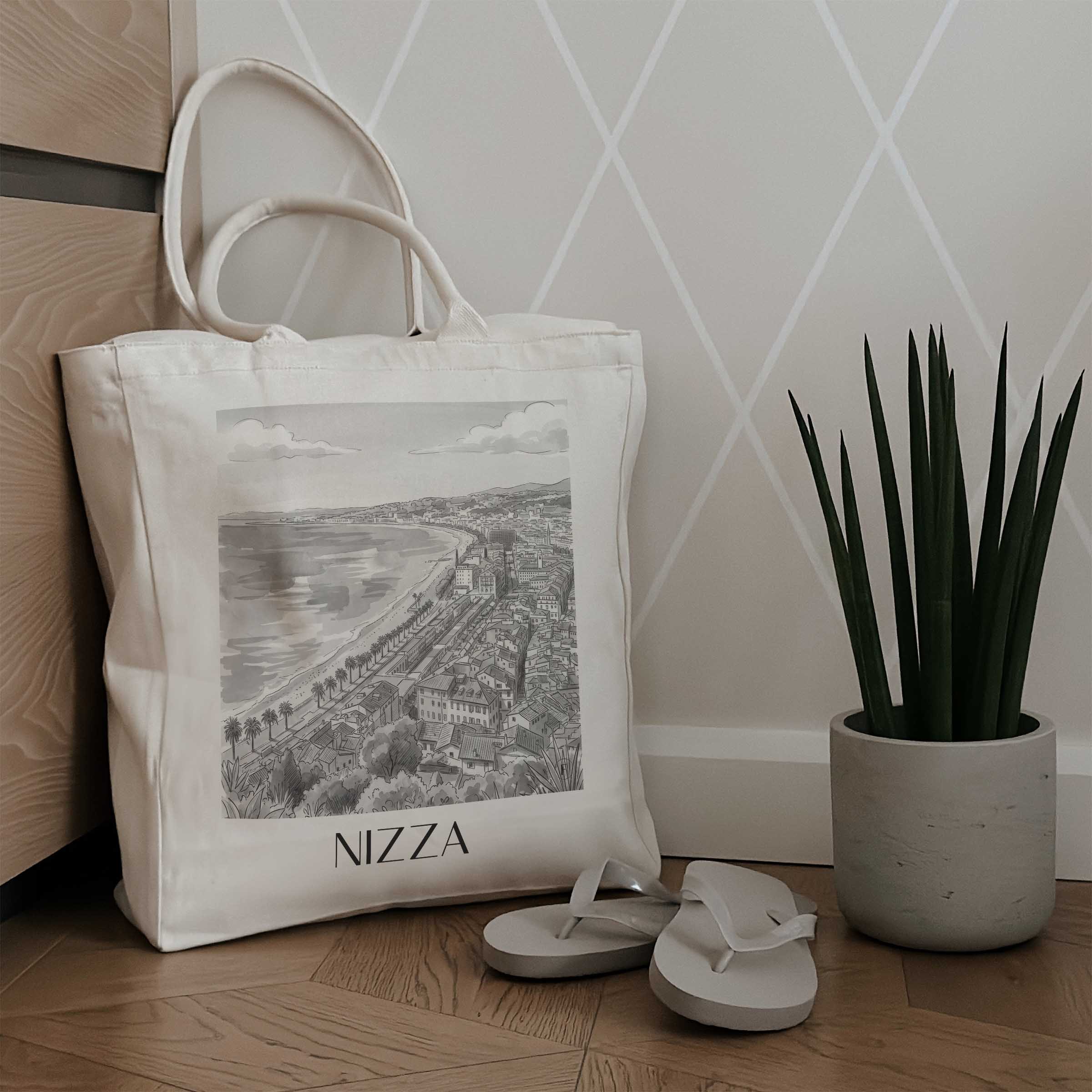 nizza-frankreich-einkaufstasche-aquarell-schwarz-weiss