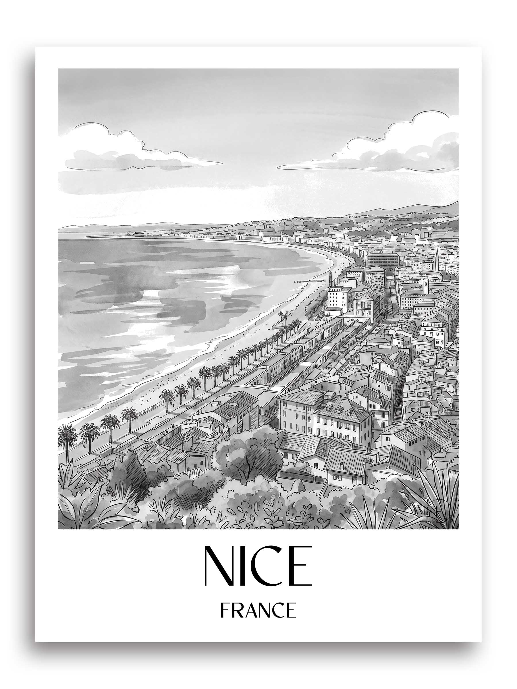 Nizza Poster - - Frankreich Kunstdruck - Aquarell Schwarz-Weiß von A4 bis A1 - favplace