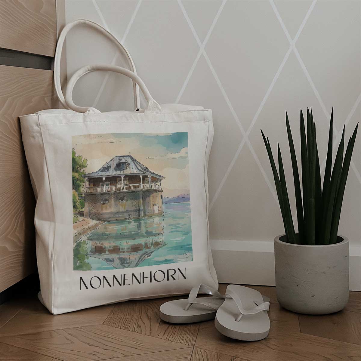 nonnenhorn-bodensee-deutschland-einkaufstasche-aquarell
