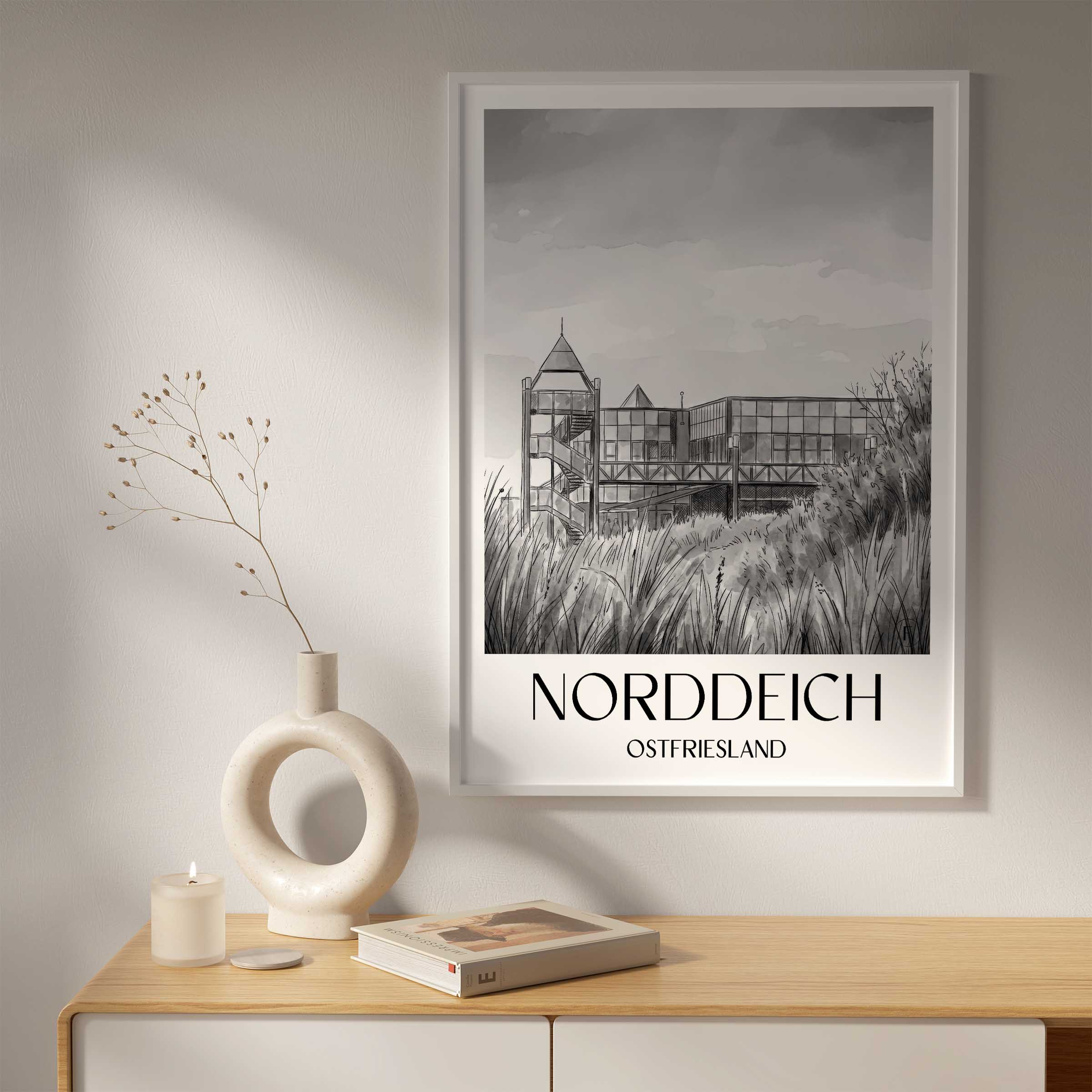 norddeich-ostfriesland-deutschland-poster-aquarell-schwarz-weiss