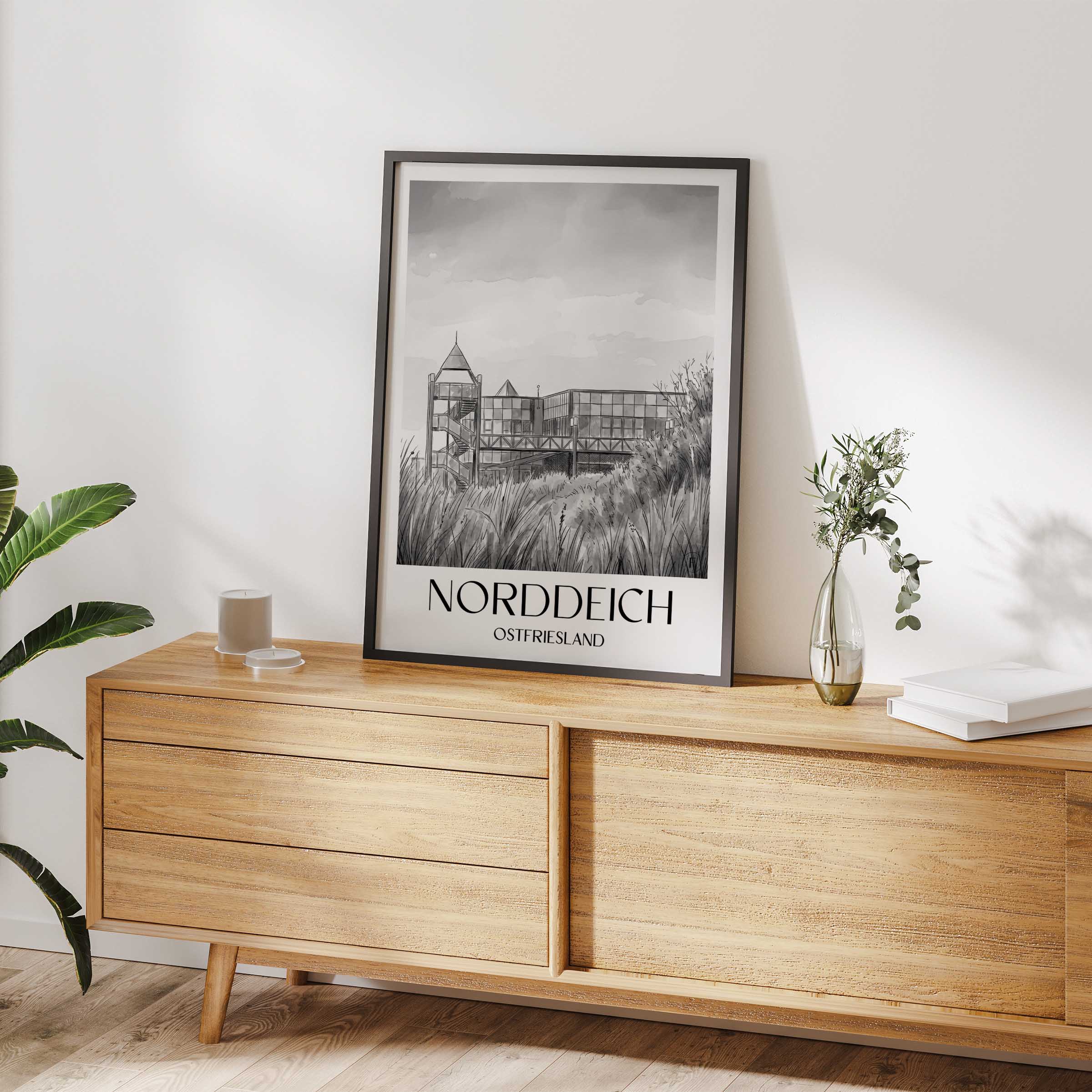 norddeich-ostfriesland-deutschland-poster-aquarell-schwarz-weiss