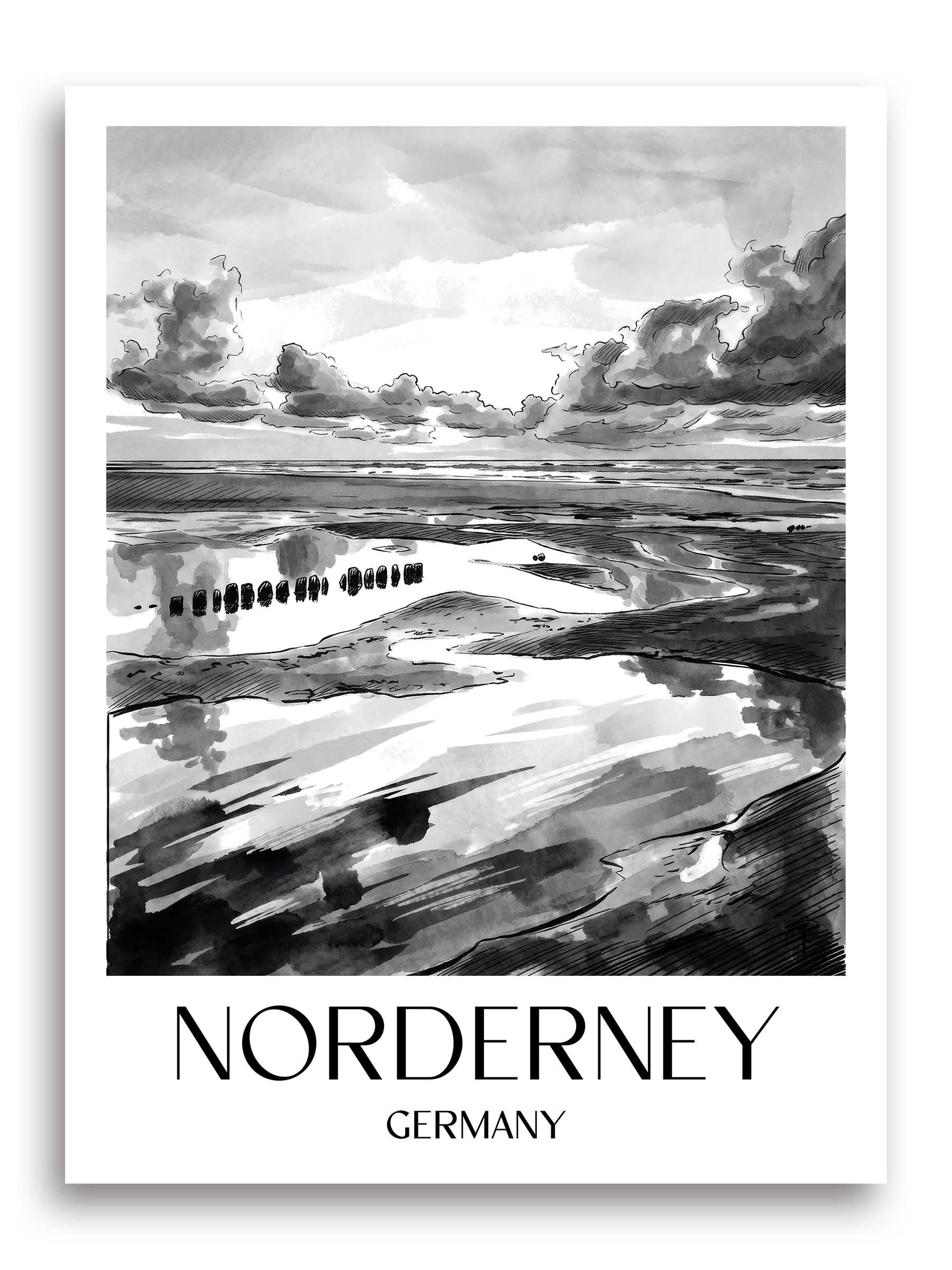 Norderney Poster - - Deutschland Kunstdruck - Aquarell Schwarz-Weiß von A4 bis A1 - favplace