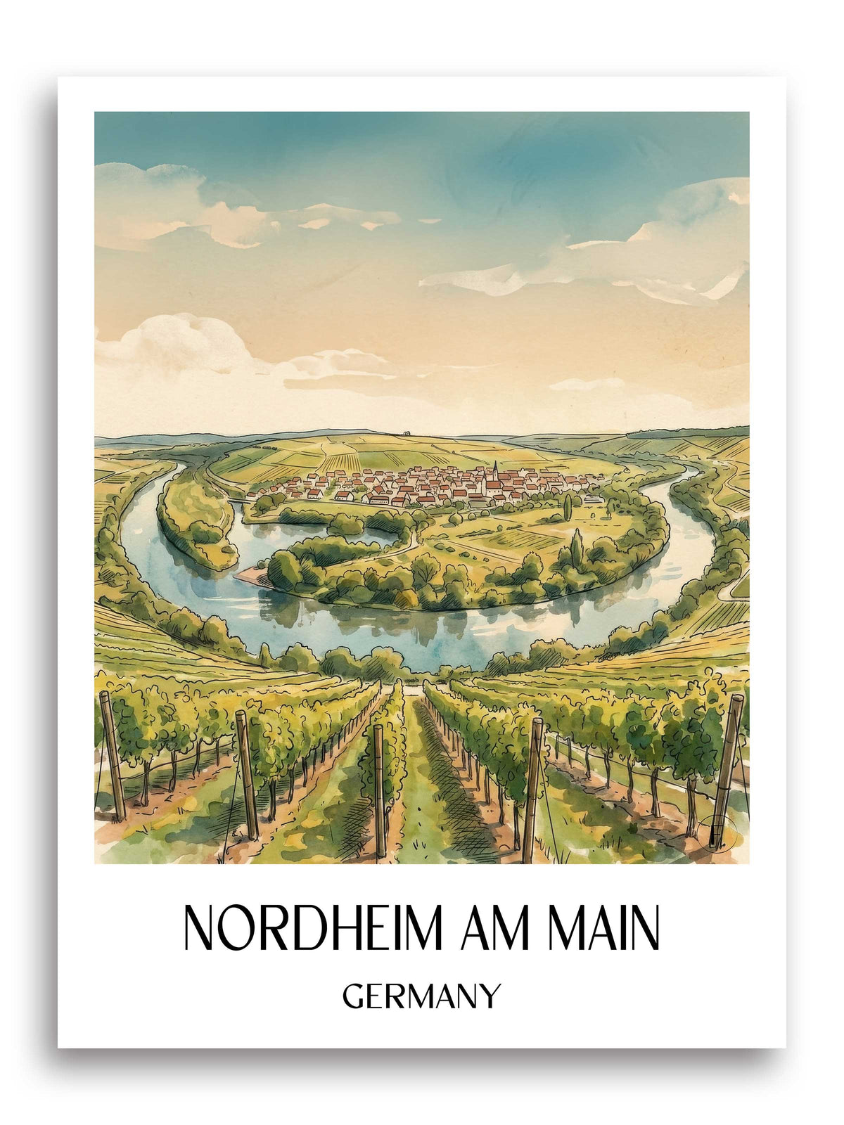 Nordheim am Main Poster - Mainschleife - Deutschland Kunstdruck - Aquarell von A4 bis A1 - favplace