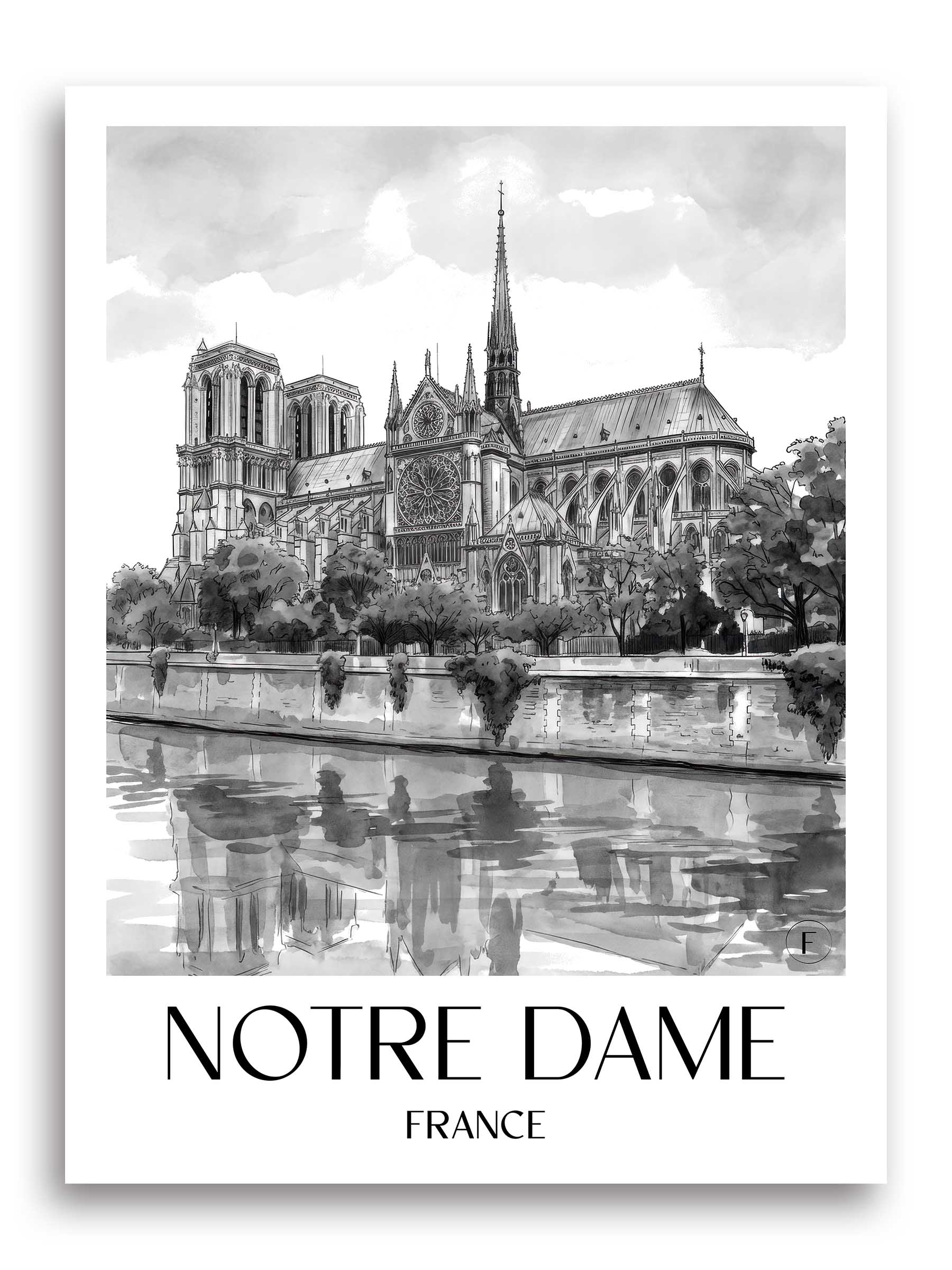Notre Dame Poster - - Frankreich Kunstdruck - Aquarell Schwarz-Weiß von A4 bis A1 - favplace
