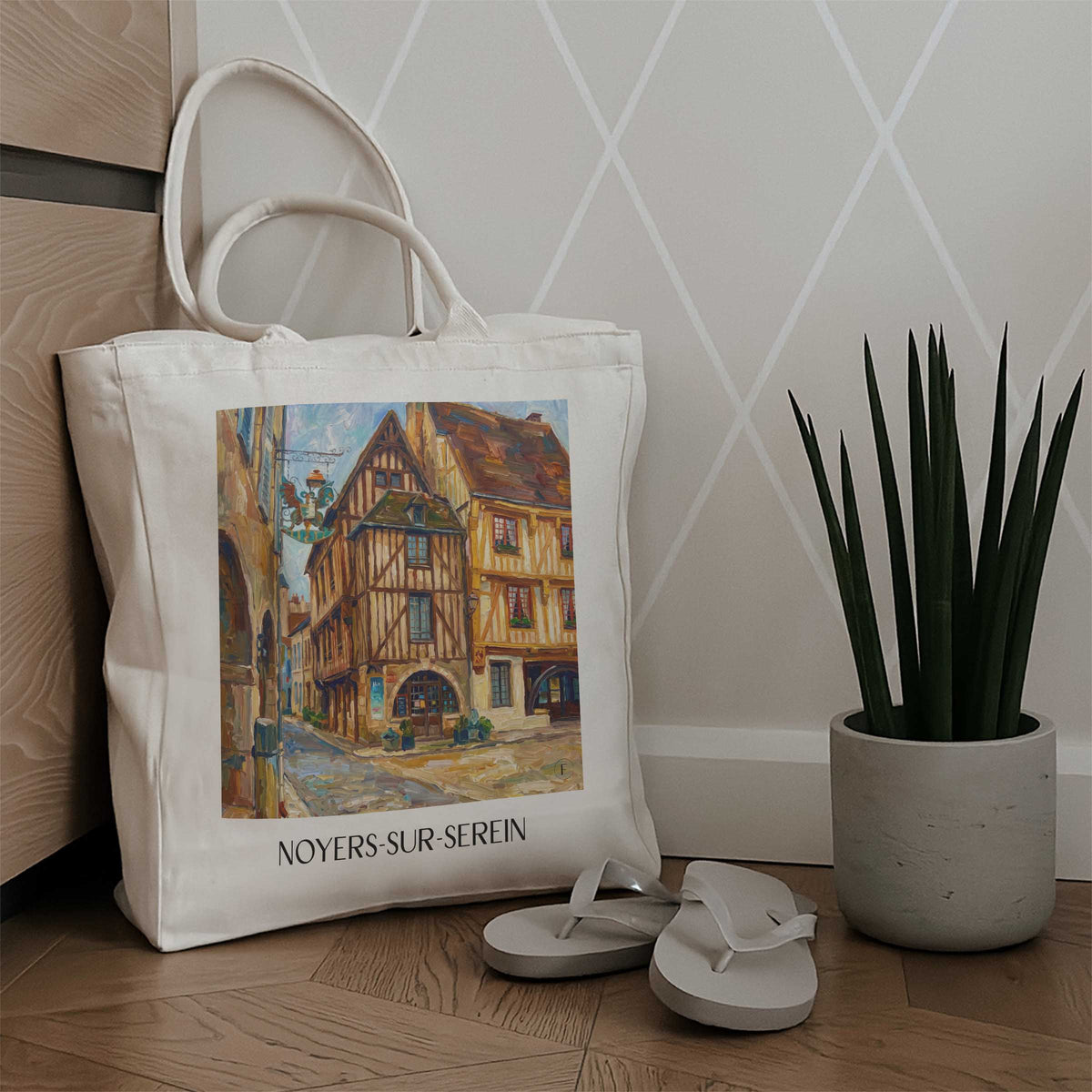 noyers-sur-serein-serein-frankreich-einkaufstasche-oil-painting-oelgemaelde