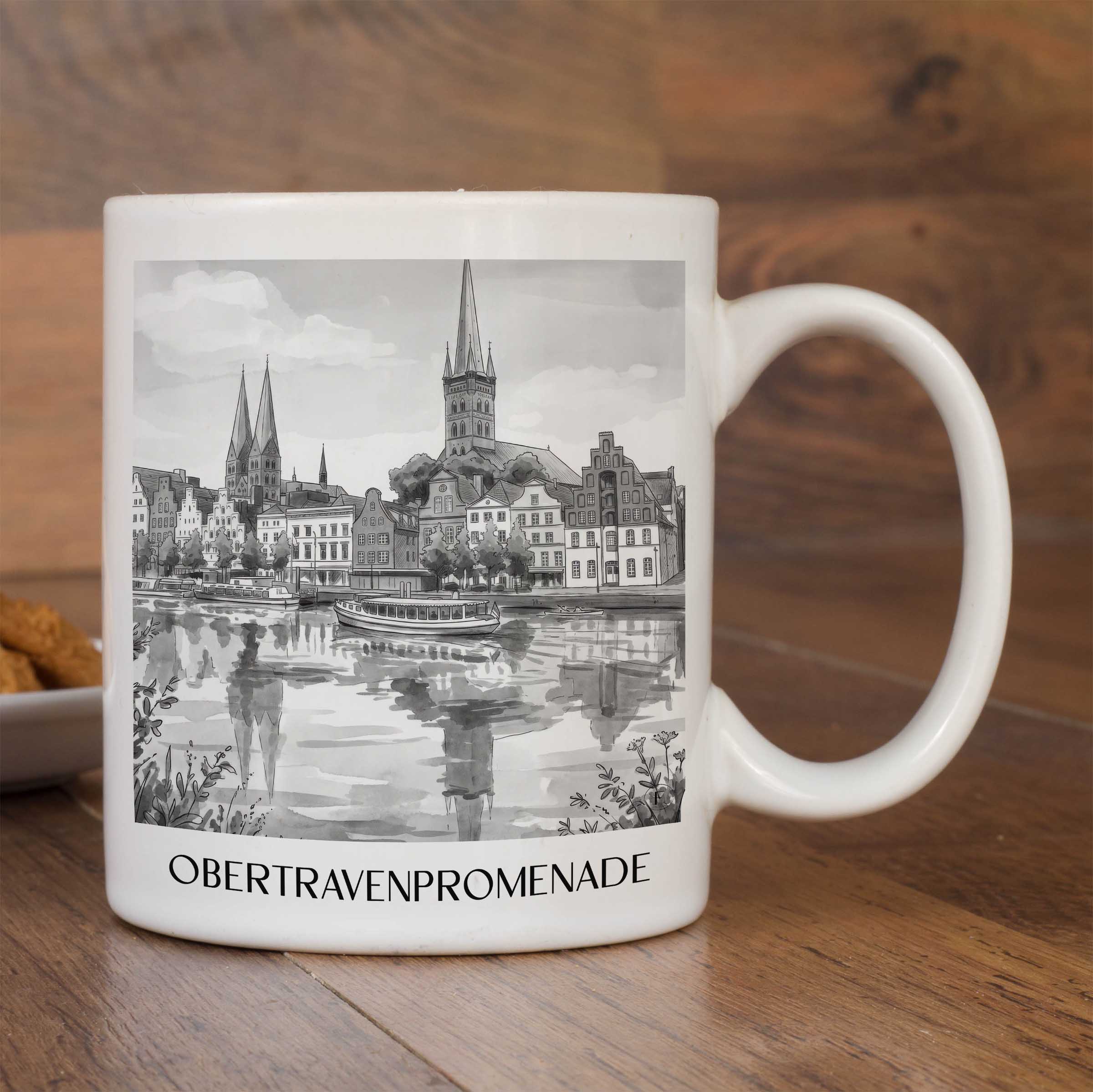 obertravenpromenade-lübeck-deutschland-kaffeebecher-aquarell-schwarz-weiss