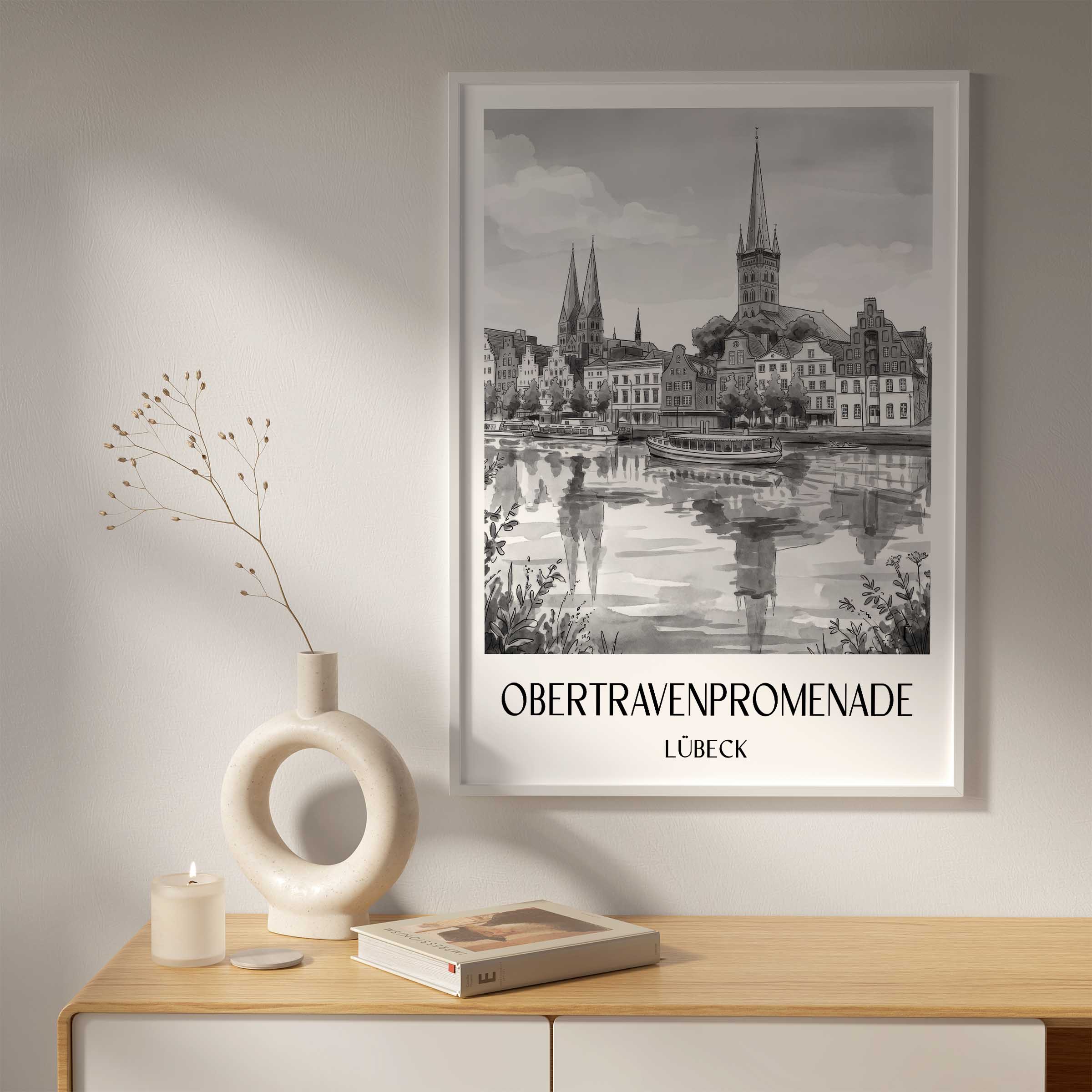 obertravenpromenade-lübeck-deutschland-poster-aquarell-schwarz-weiss