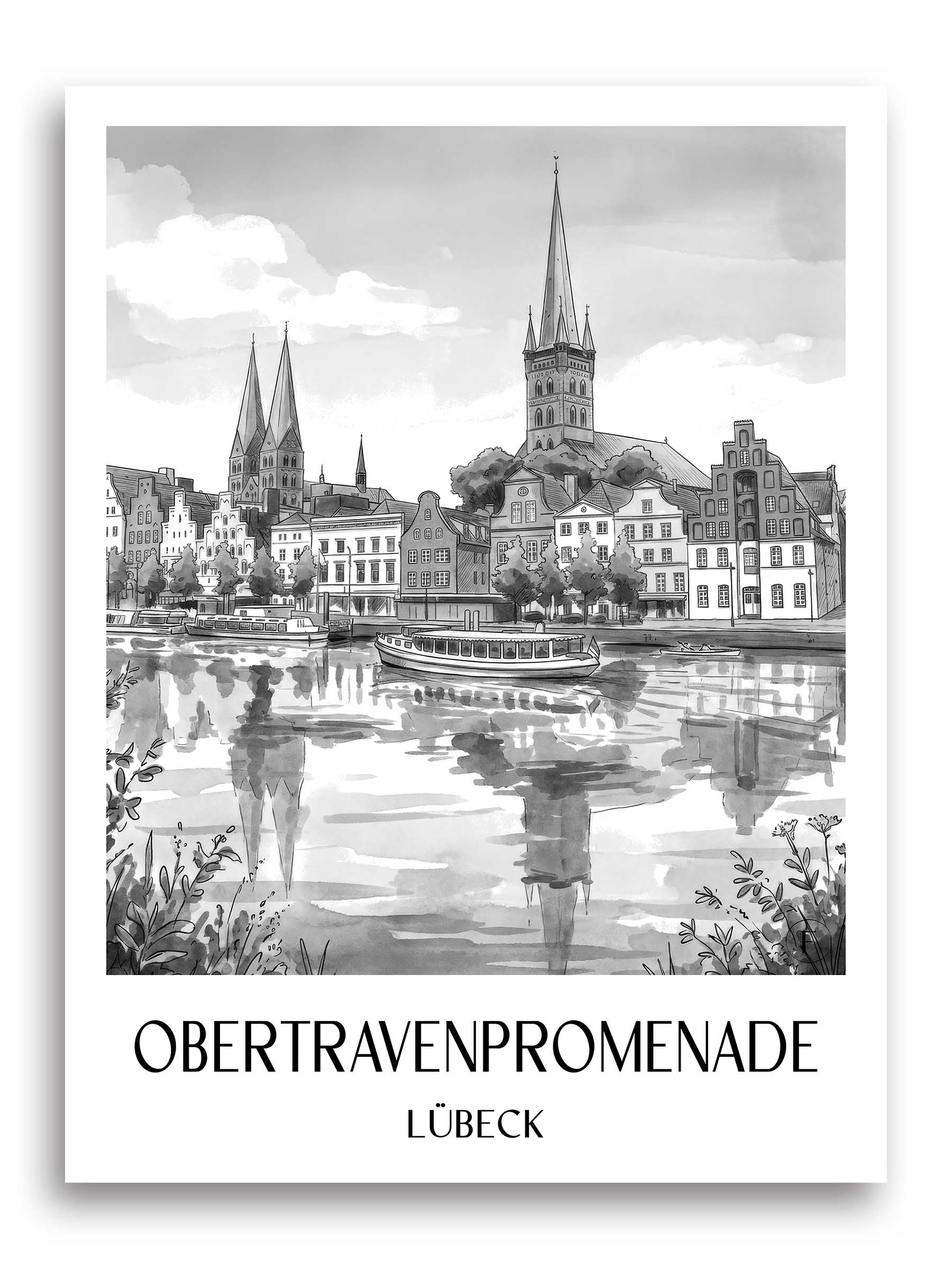 Obertravenpromenade Poster - Lübeck - Deutschland Kunstdruck - Aquarell Schwarz-Weiß von A4 bis A1 - favplace