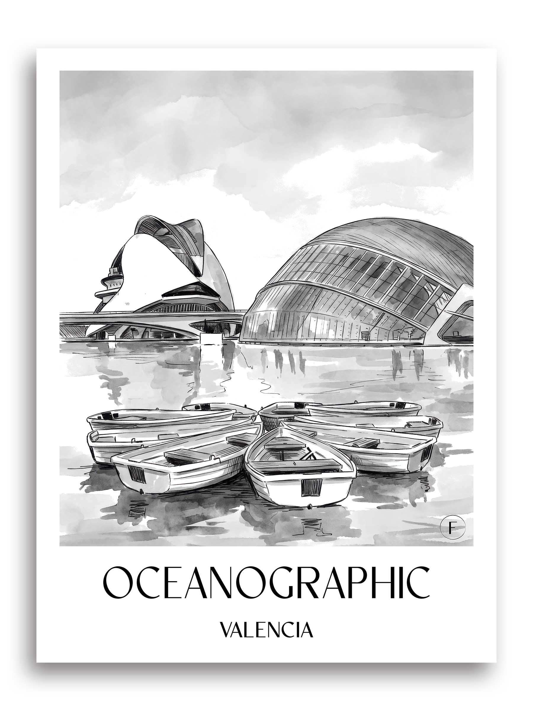 Oceanogràfic (Valencia) Poster - Valencia - Spanien Kunstdruck - Aquarell Schwarz-Weiß von A4 bis A1 - favplace