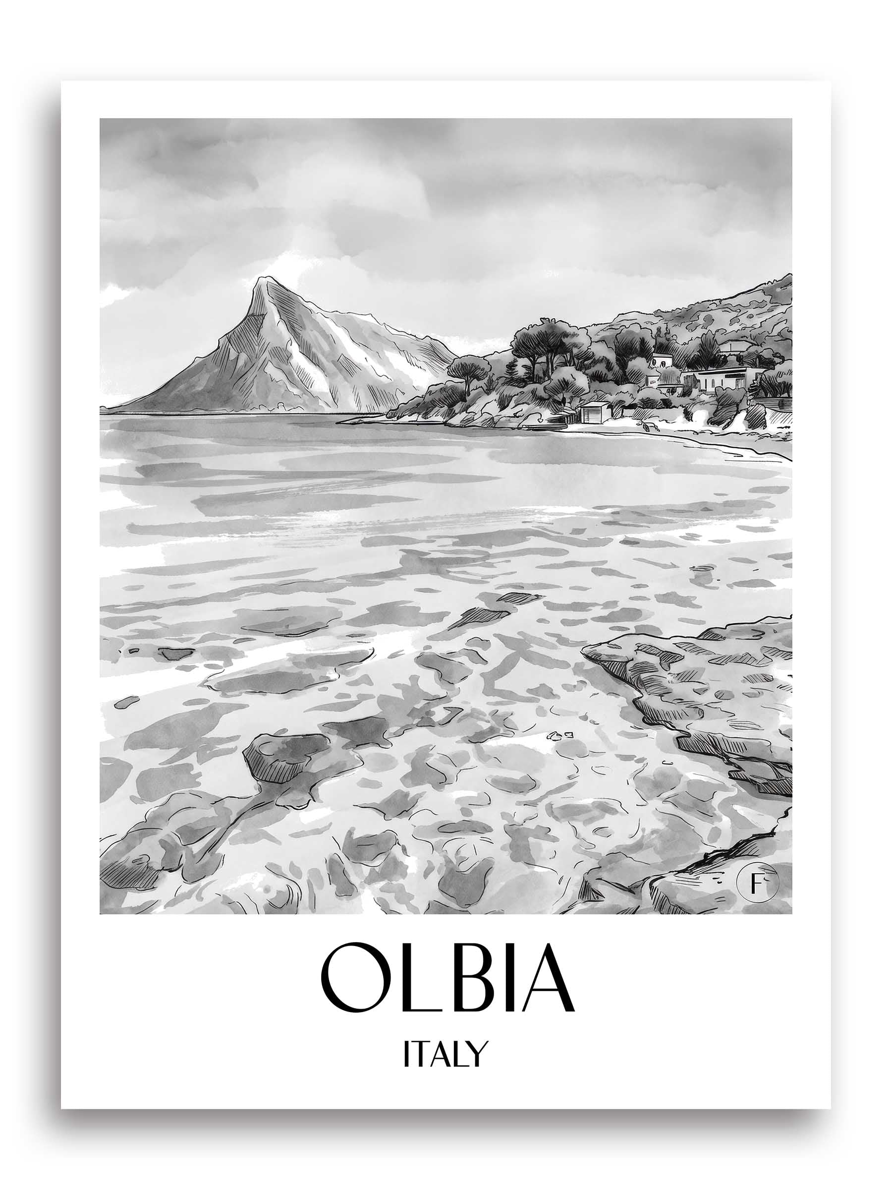 Olbia Poster - - Italien Kunstdruck - Aquarell Schwarz-Weiß von A4 bis A1 - favplace
