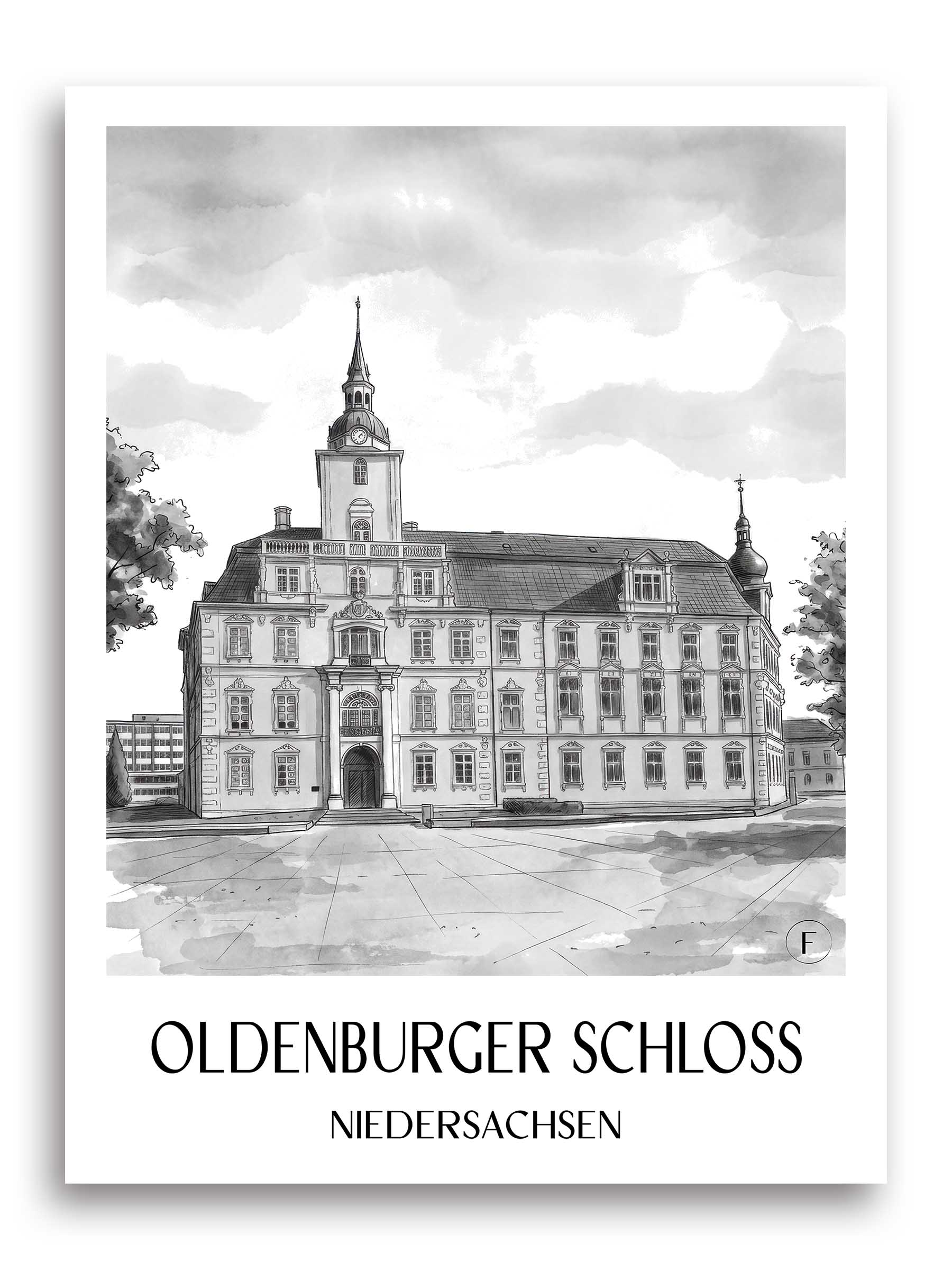 oldenburger-schloss-niedersachsen-deutschland-poster-aquarell-schwarz-weiss