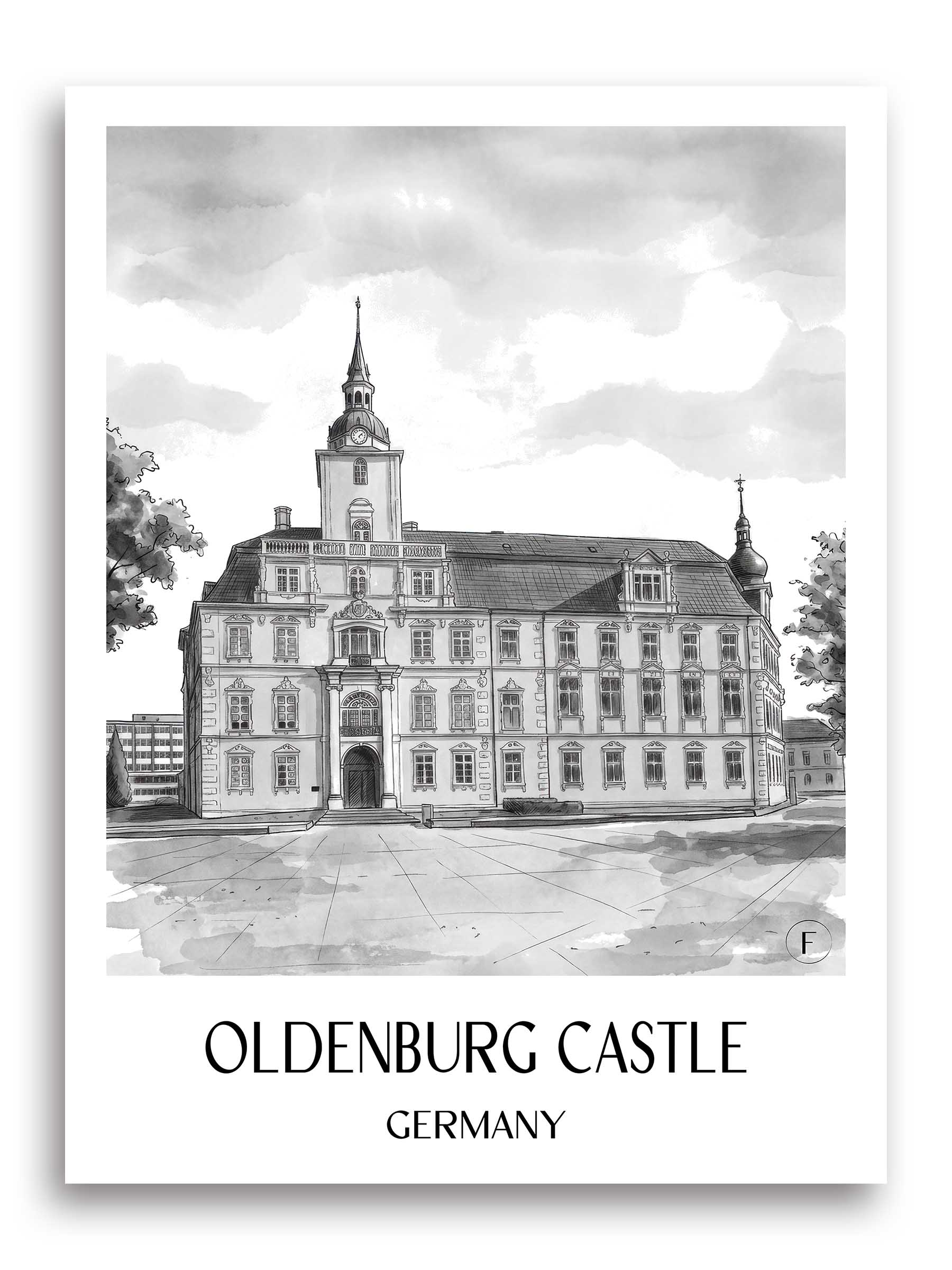 Oldenburger Schloss Poster - Niedersachsen - Deutschland Kunstdruck - Aquarell Schwarz-Weiß von A4 bis A1