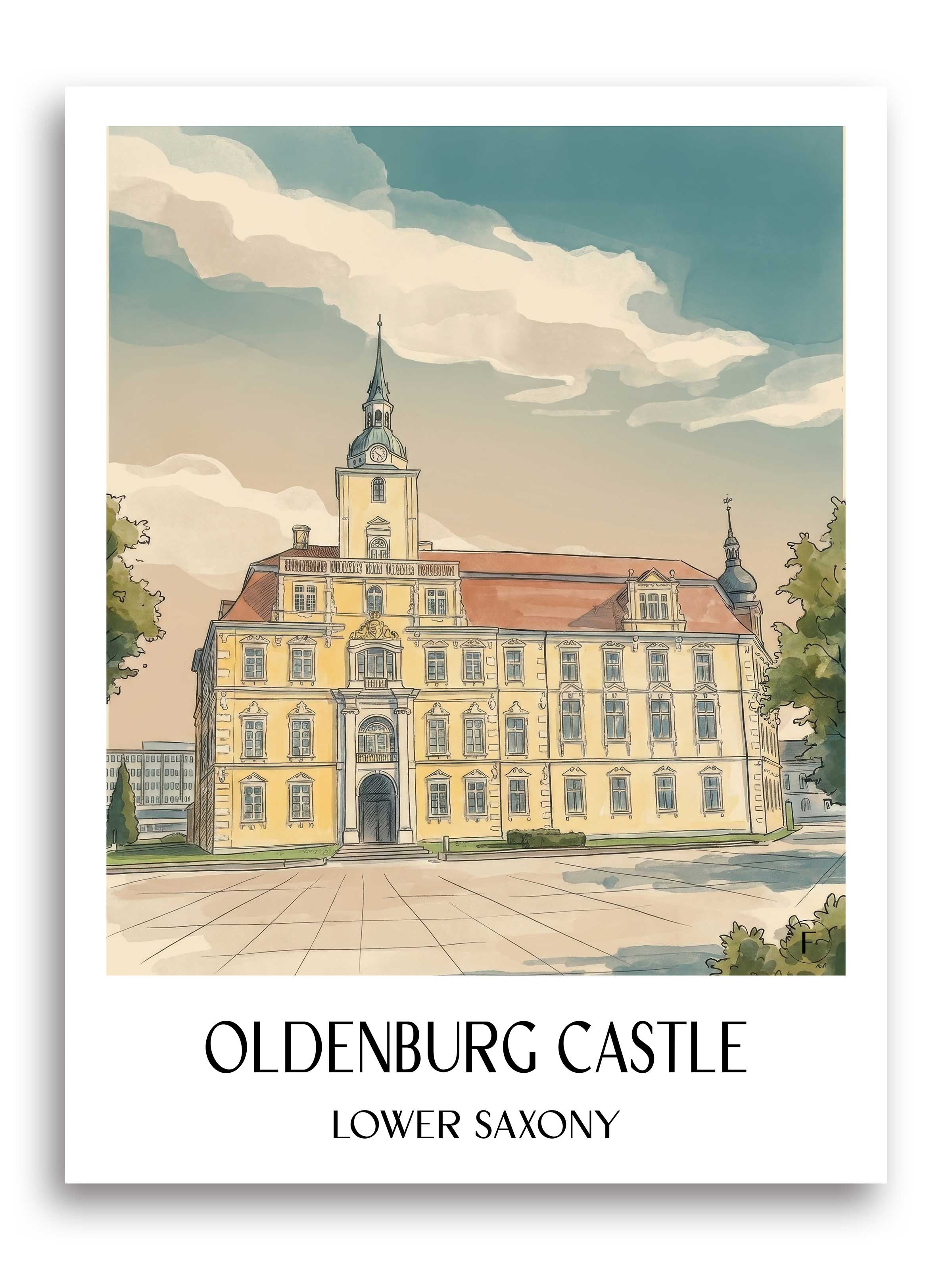 Oldenburger Schloss Poster - Niedersachsen - Deutschland Kunstdruck - Aquarell von A4 bis A1 - favplace
