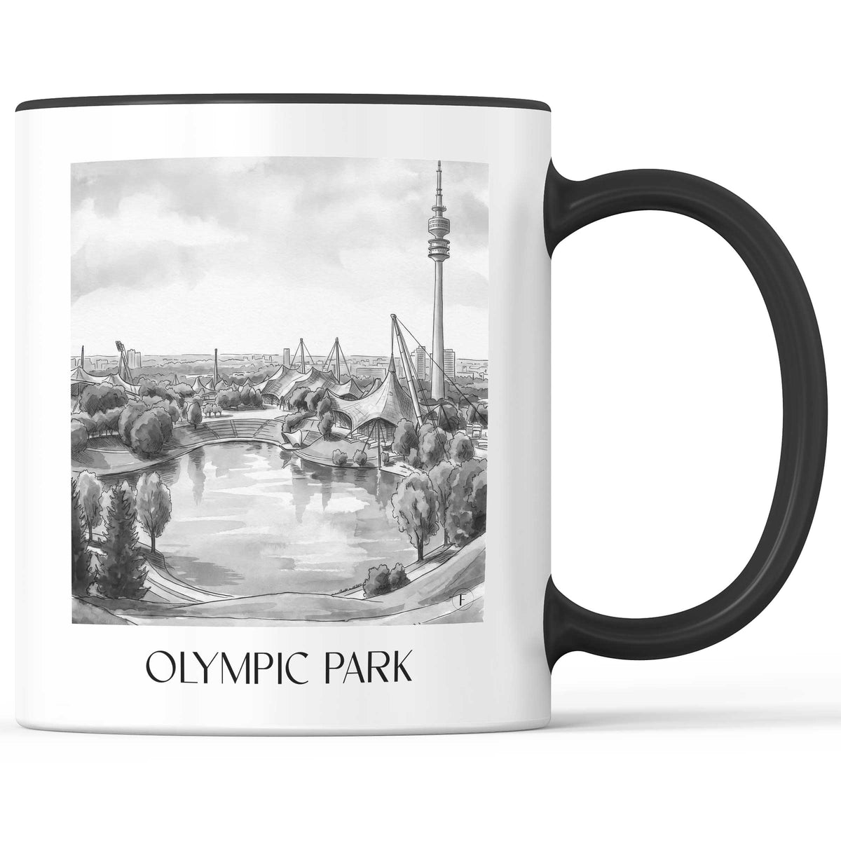 Olympiapark Kaffeebecher - München - Deutschland Becher - Kaffeetasse im Aquarell Schwarz-Weiß Stil - favplace