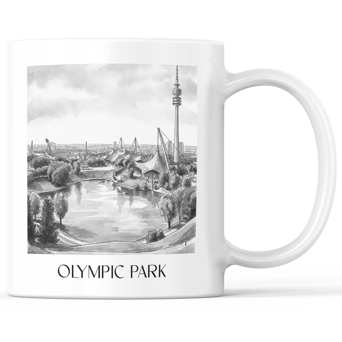 Olympiapark Kaffeebecher - München - Deutschland Becher - Kaffeetasse im Aquarell Schwarz-Weiß Stil - favplace