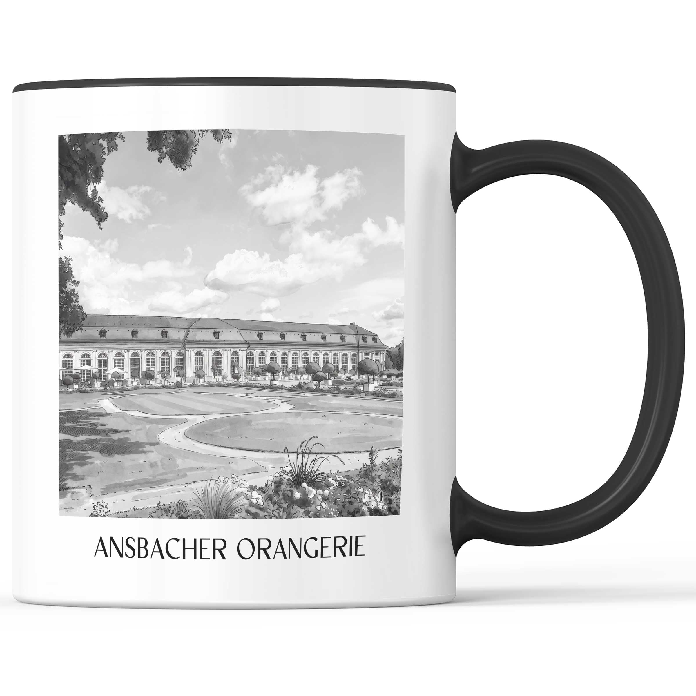 orangerie-ansbach-deutschland-kaffeebecher-aquarell-schwarz-weiss