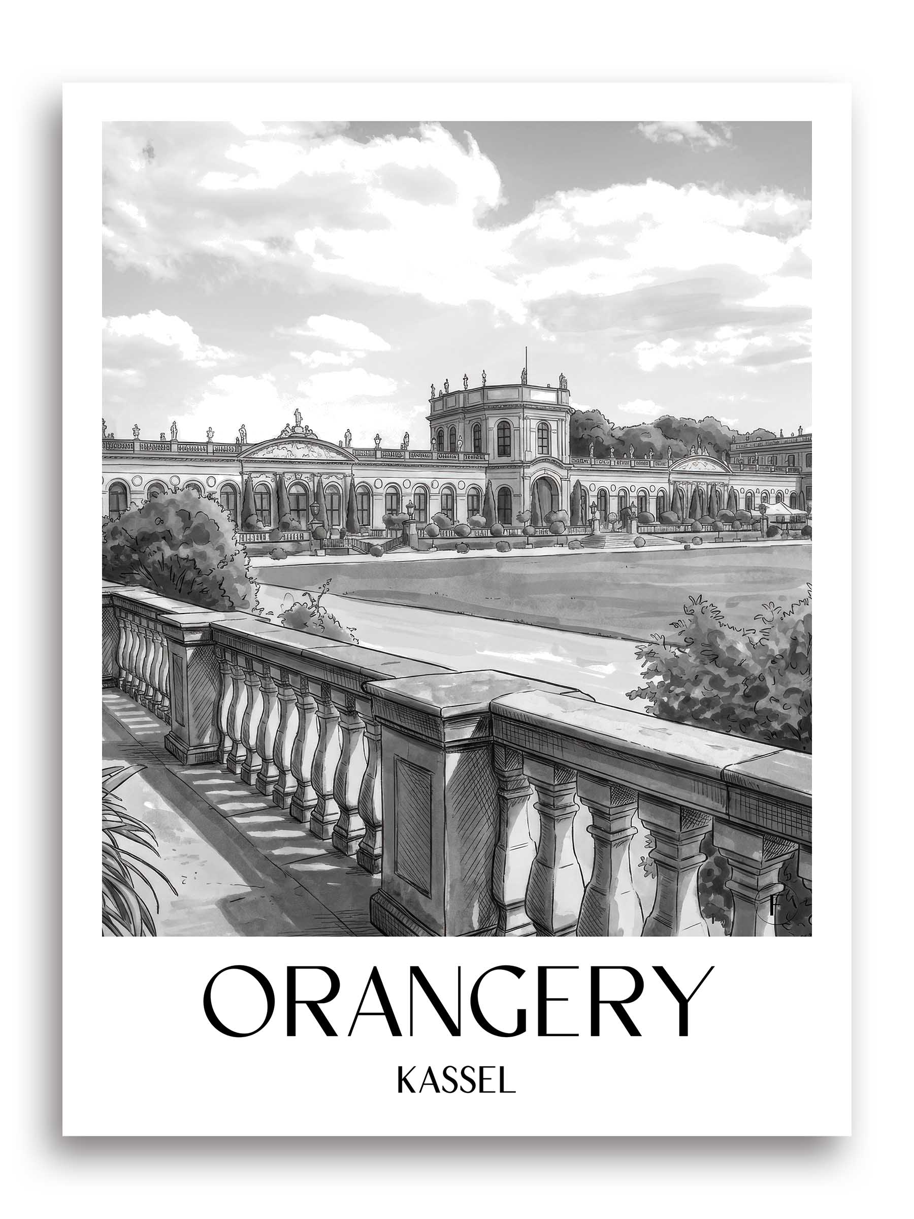 Orangerie Poster - Kassel - Deutschland Kunstdruck - Aquarell Schwarz-Weiß von A4 bis A1 - favplace