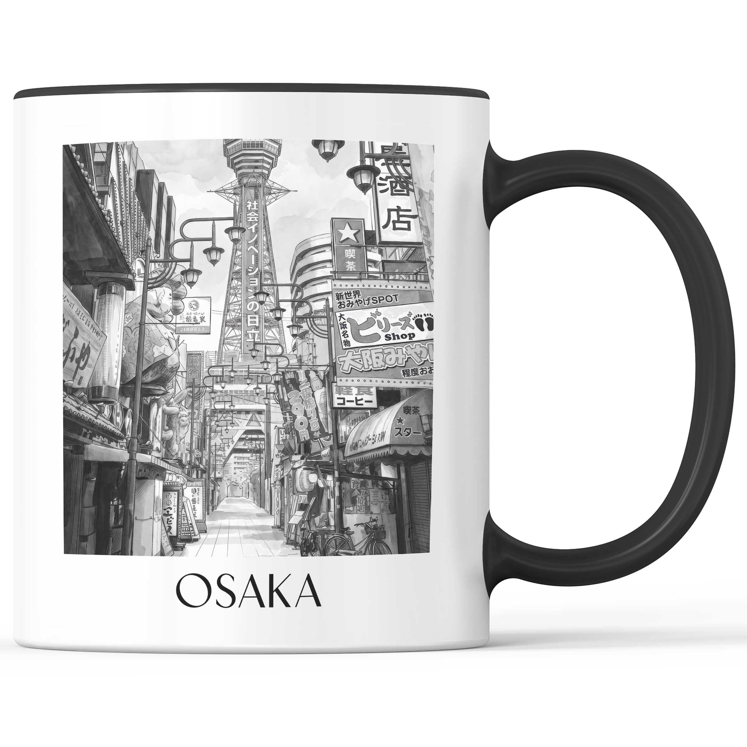 Osaka - Japan Becher - Kaffeetasse im Aquarell Schwarz-Weiß Stil - favplace