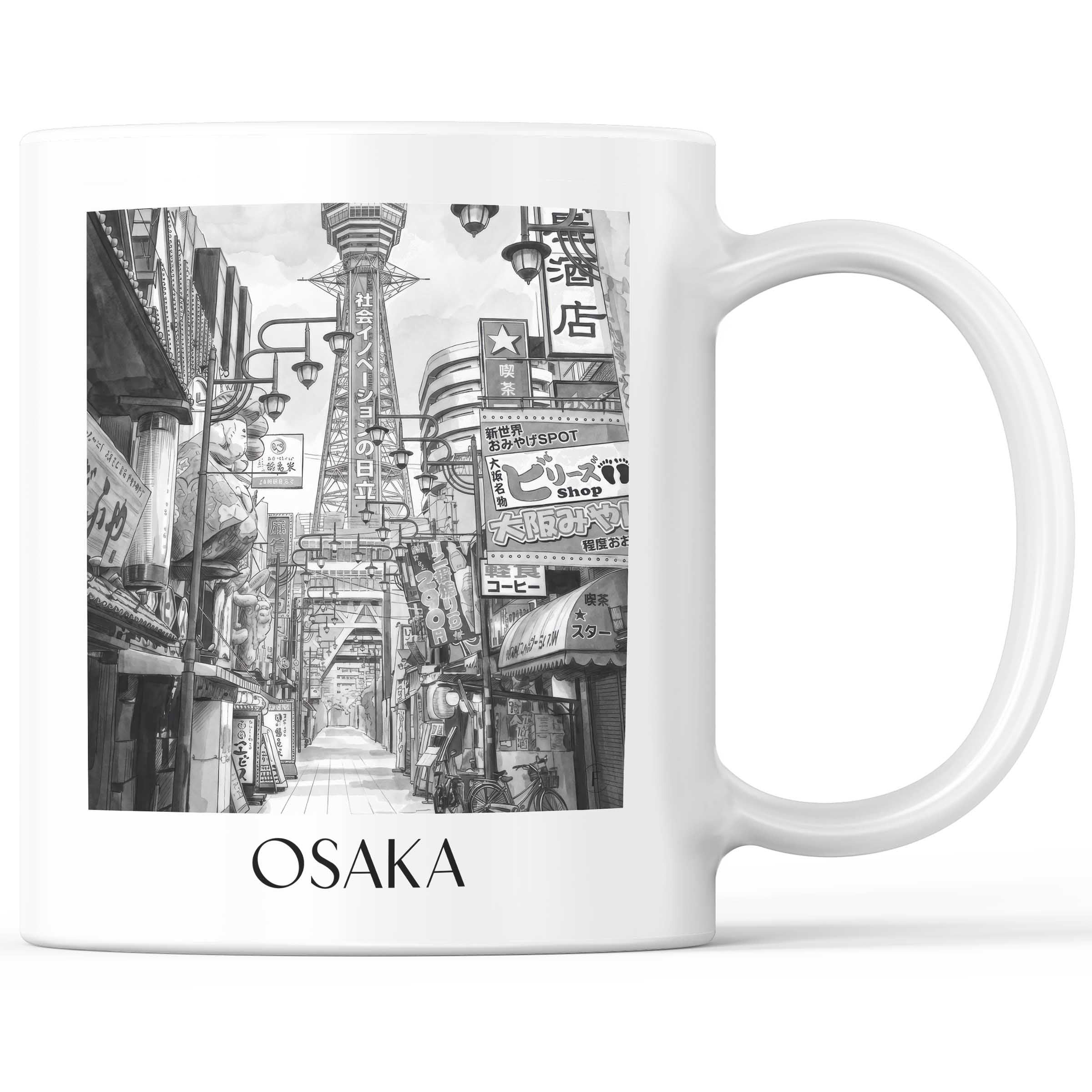 Osaka - Japan Becher - Kaffeetasse im Aquarell Schwarz-Weiß Stil - favplace