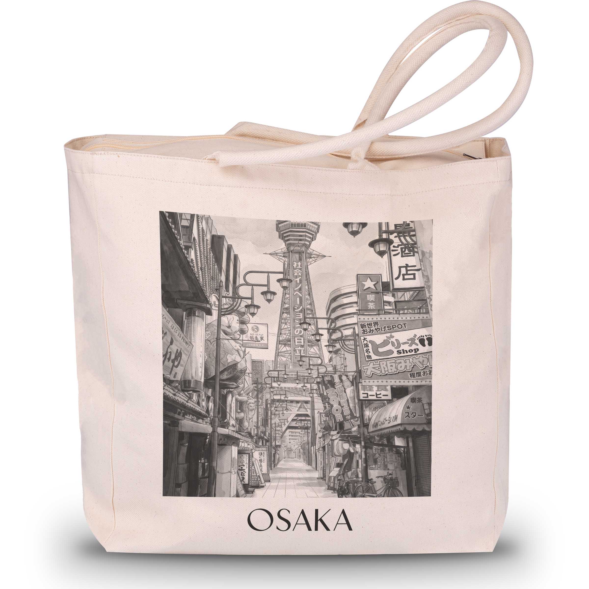 Osaka - Japan Tote Bag - Einkaufstasche im Aquarell Schwarz-Weiß Stil - favplace