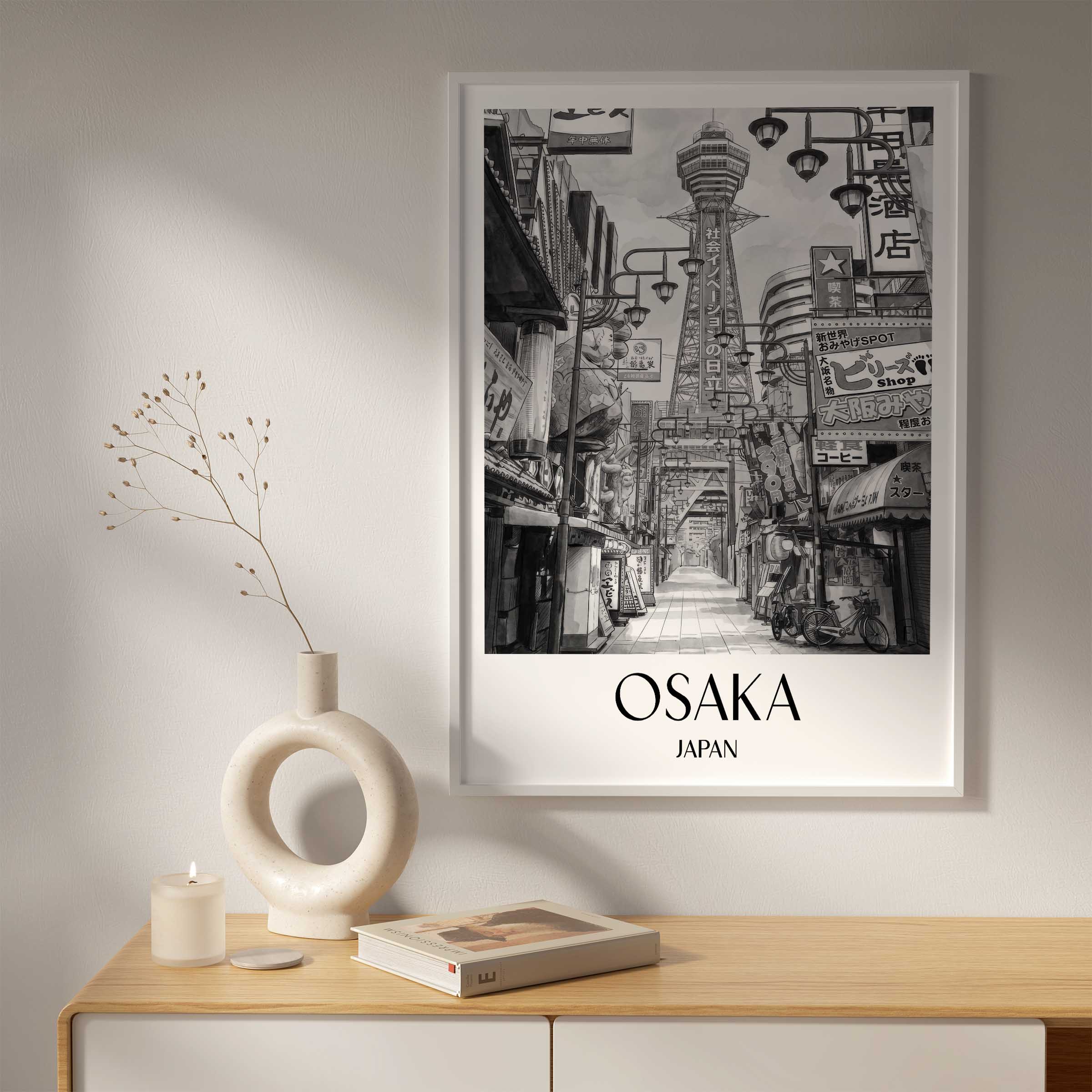 osaka-japan-poster-aquarell-schwarz-weiss