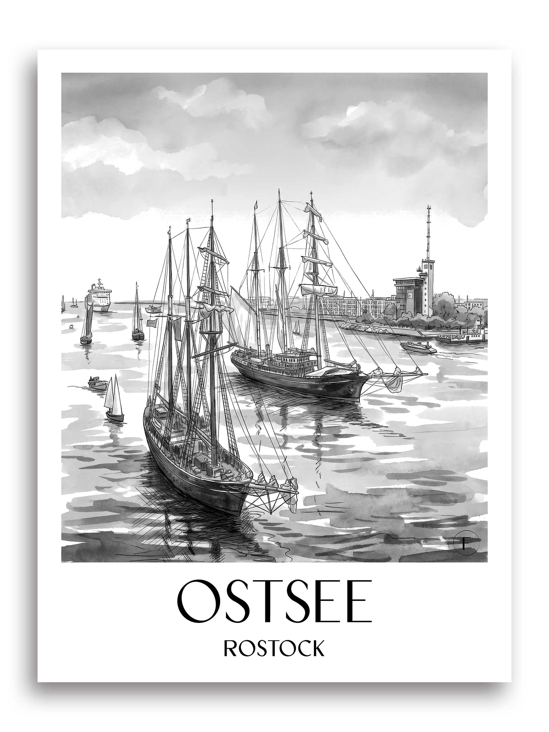 ostsee-rostock-deutschland-poster-aquarell-schwarz-weiss