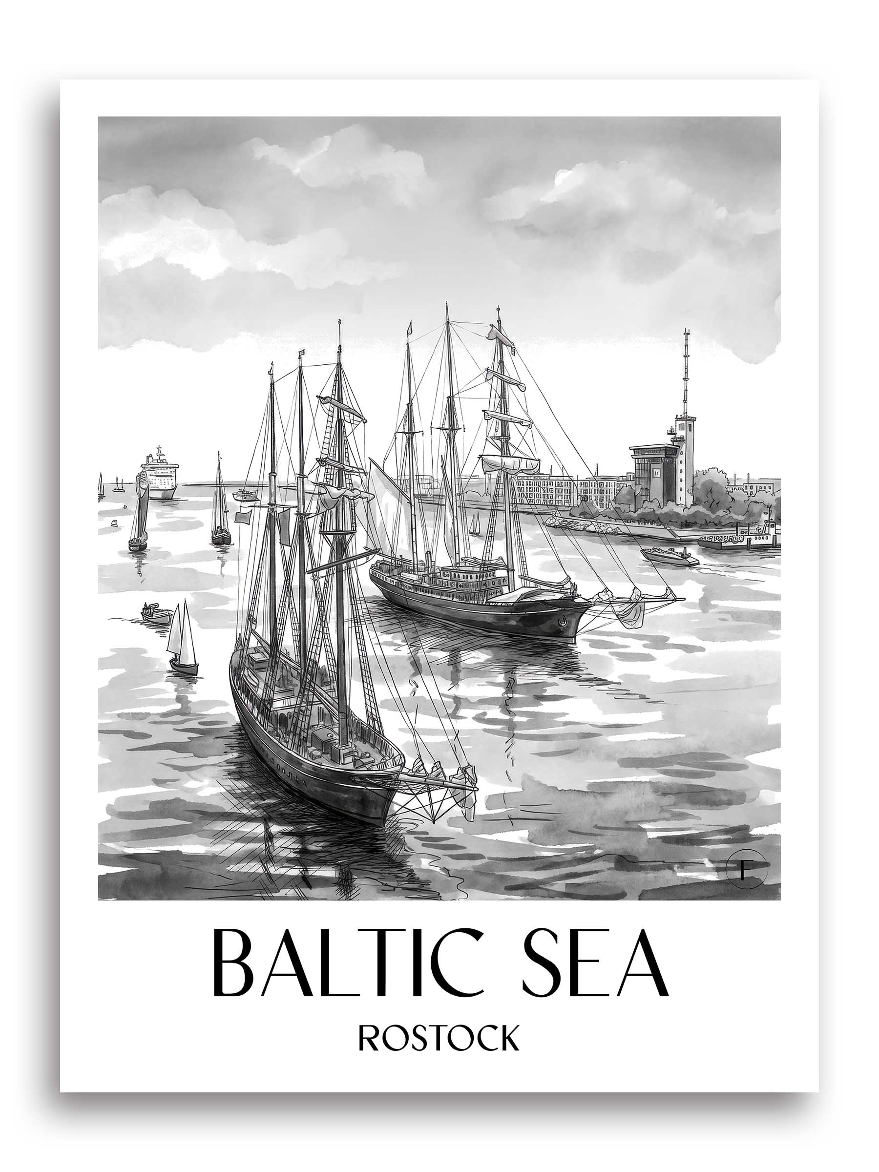 Ostsee Poster - Rostock - Deutschland Kunstdruck - Aquarell Schwarz-Weiß von A4 bis A1 - favplace