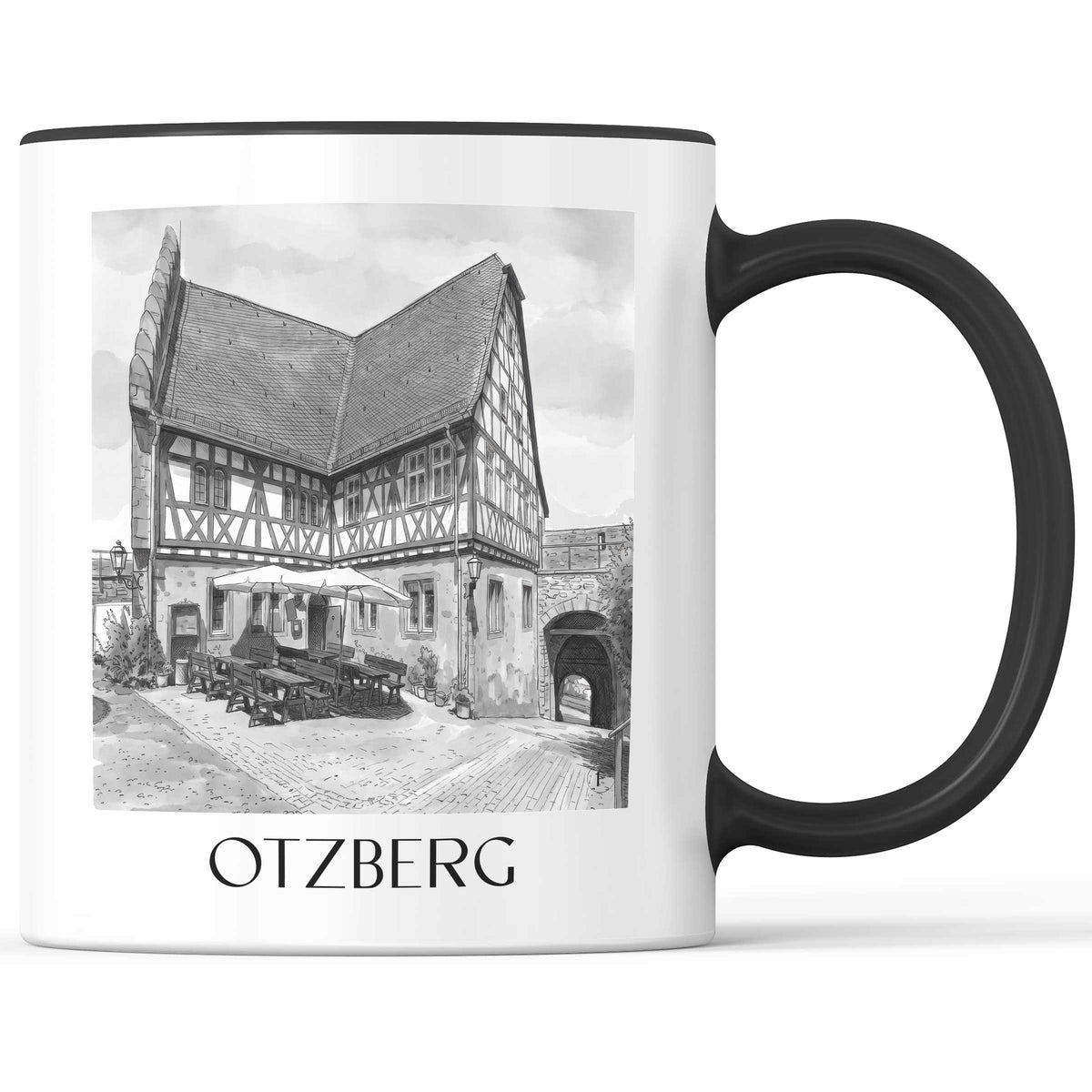 Otzberg Kaffeebecher - Odenwald - Deutschland Becher - Kaffeetasse im Aquarell Schwarz-Weiß Stil - favplace