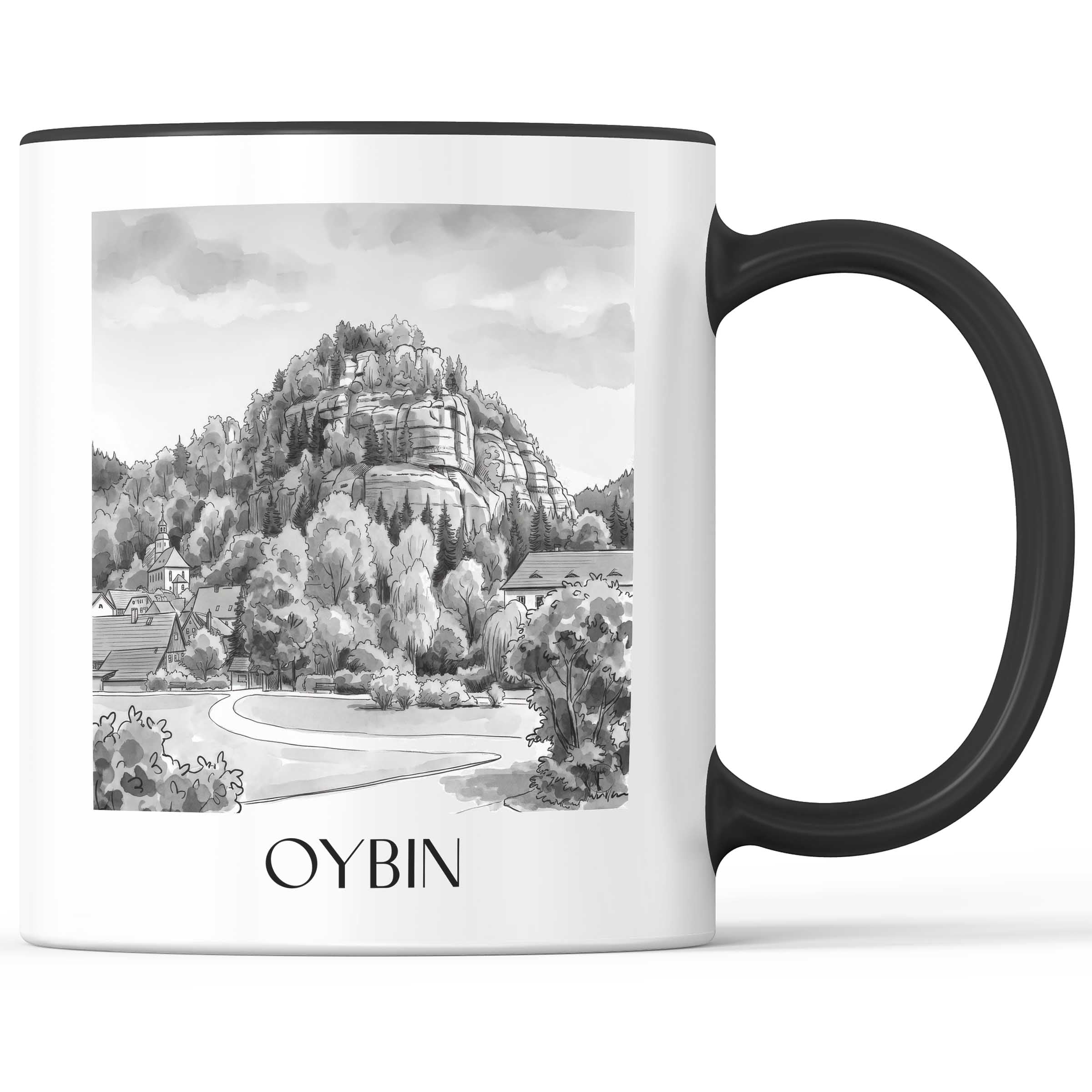 Oybin Kaffeebecher - Sachsen - Deutschland Becher - Kaffeetasse im Aquarell Schwarz-Weiß Stil - favplace