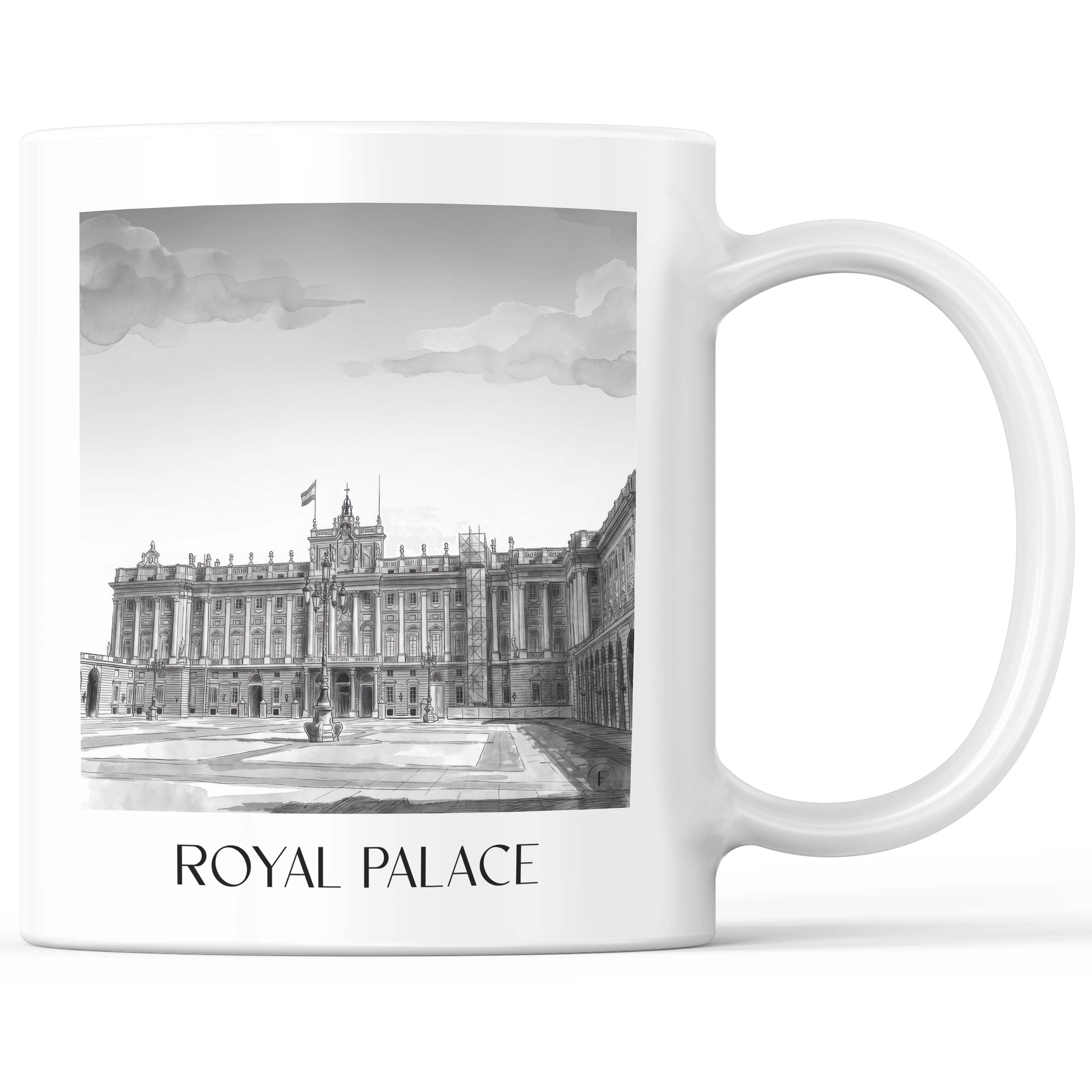 Palacio Real Kaffeebecher - Madrid - Spanien Becher - Kaffeetasse im Aquarell Schwarz-Weiß Stil - favplace