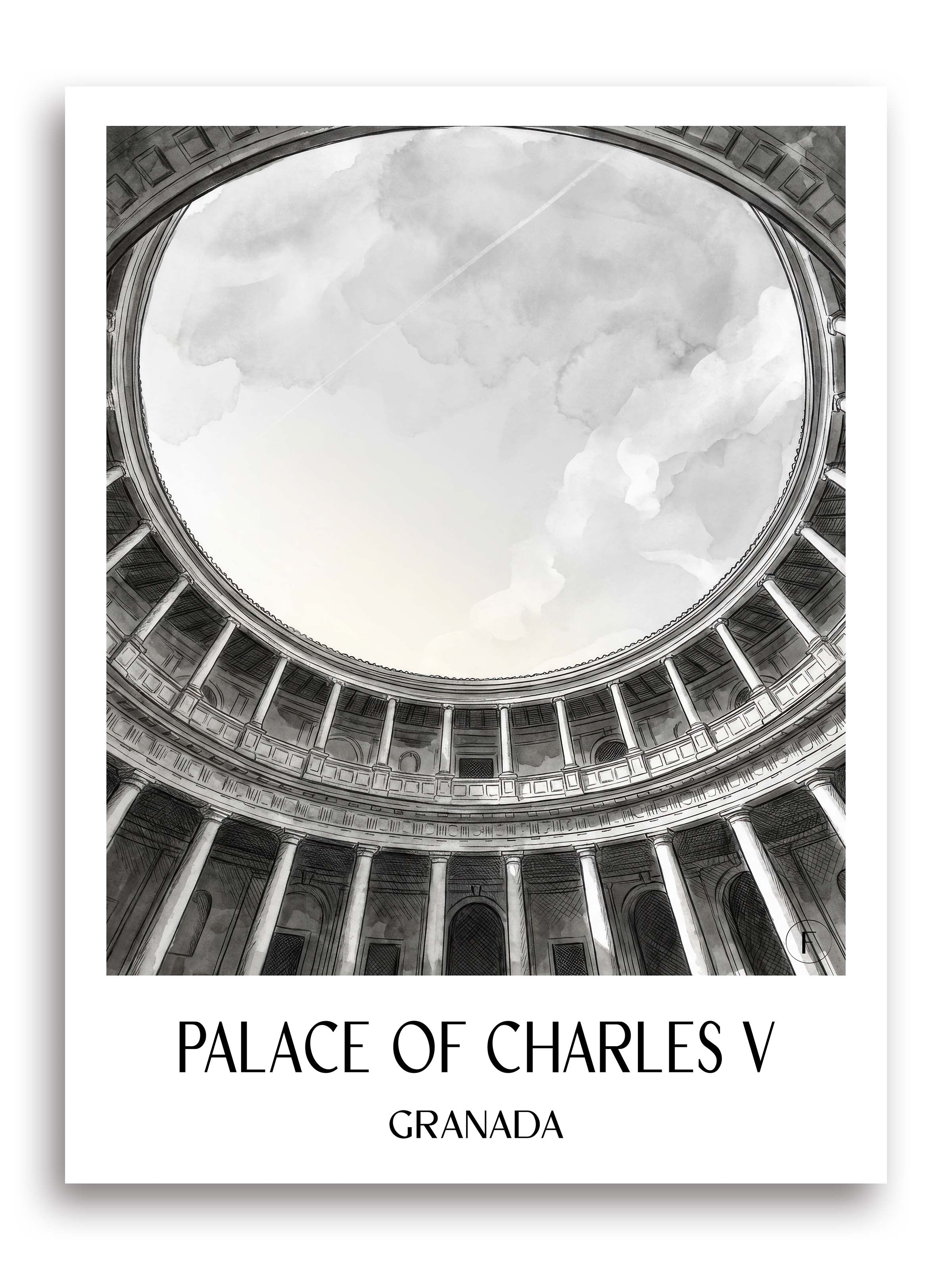 Palacio de Carlos V Poster - Granada - Spanien Kunstdruck - Aquarell Schwarz-Weiß von A4 bis A1 - favplace