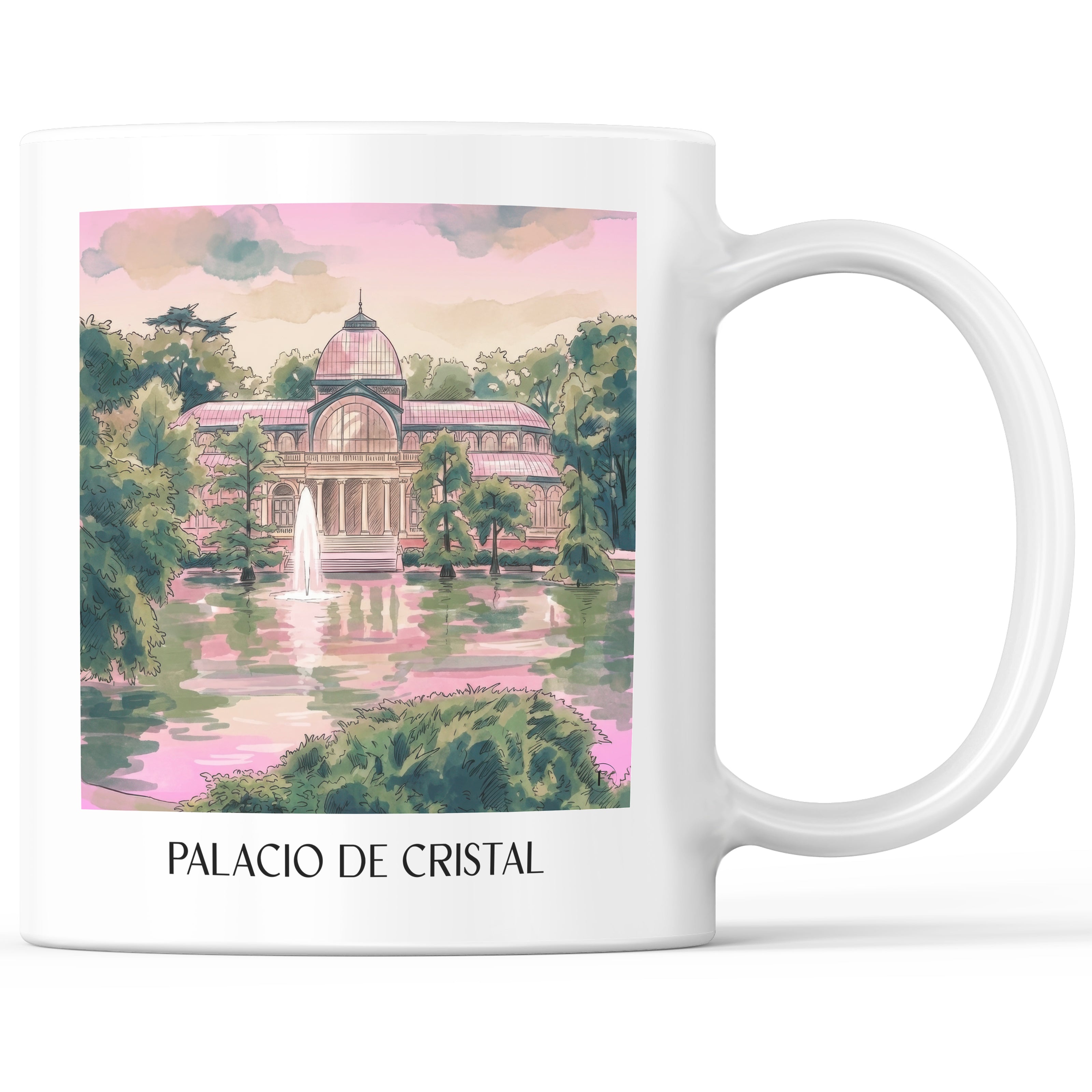 Palacio de Cristal Kaffeebecher - Madrid - Spanien Becher - Kaffeetasse im Aquarell Pink Stil - favplace