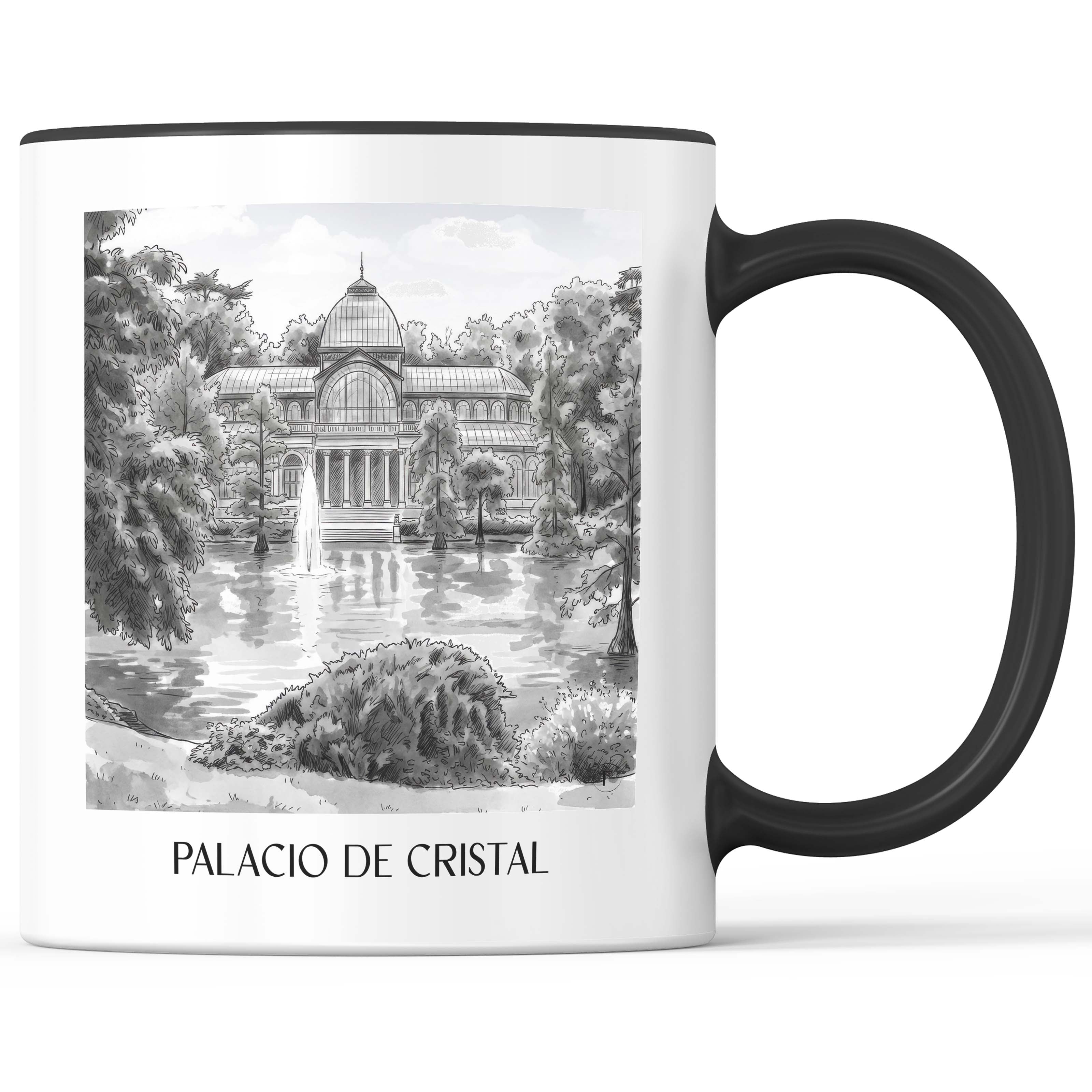 palacio-de-cristal-madrid-spanien-kaffeebecher-aquarell-schwarz-weiss