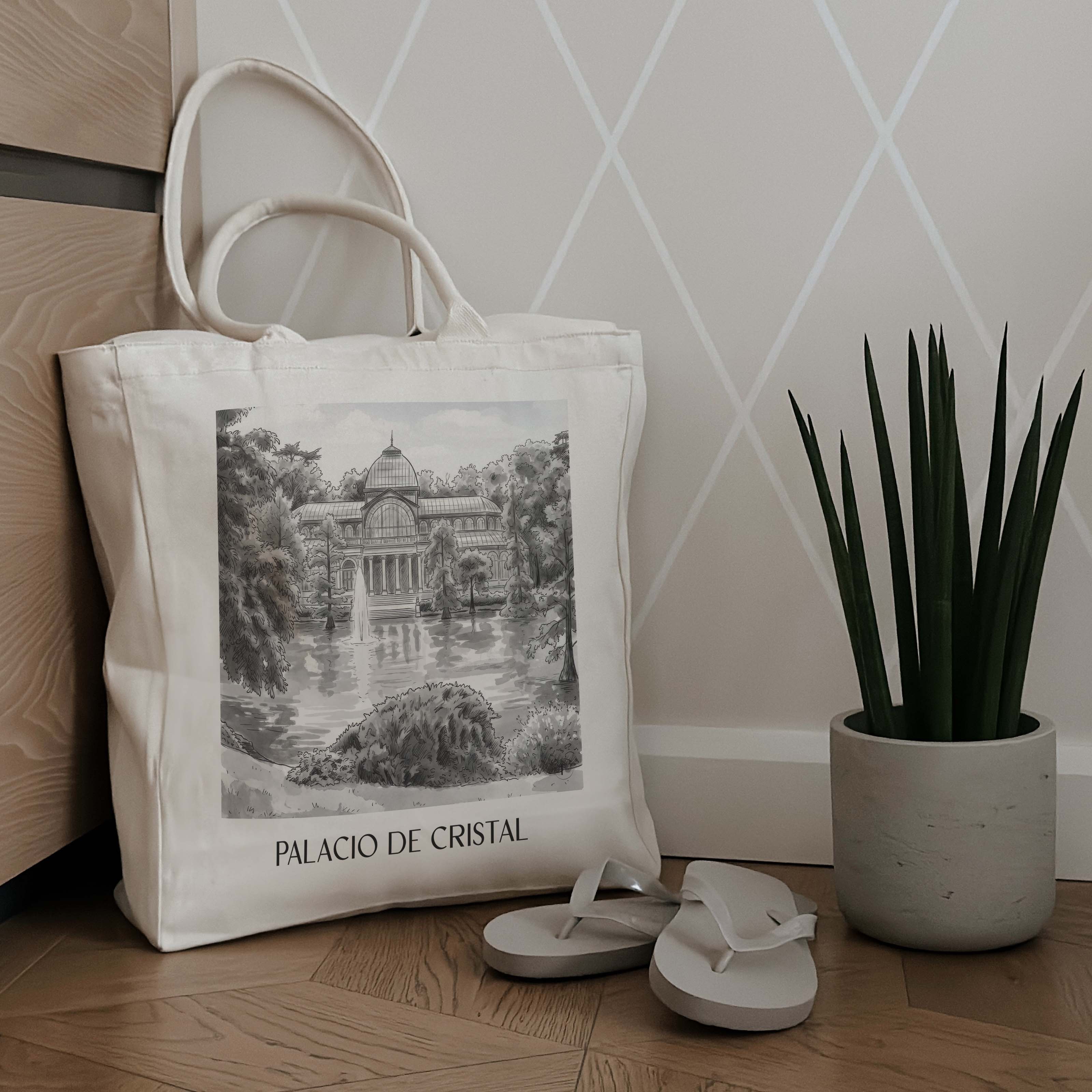 palacio-de-cristal-madrid-spanien-einkaufstasche-aquarell-schwarz-weiss