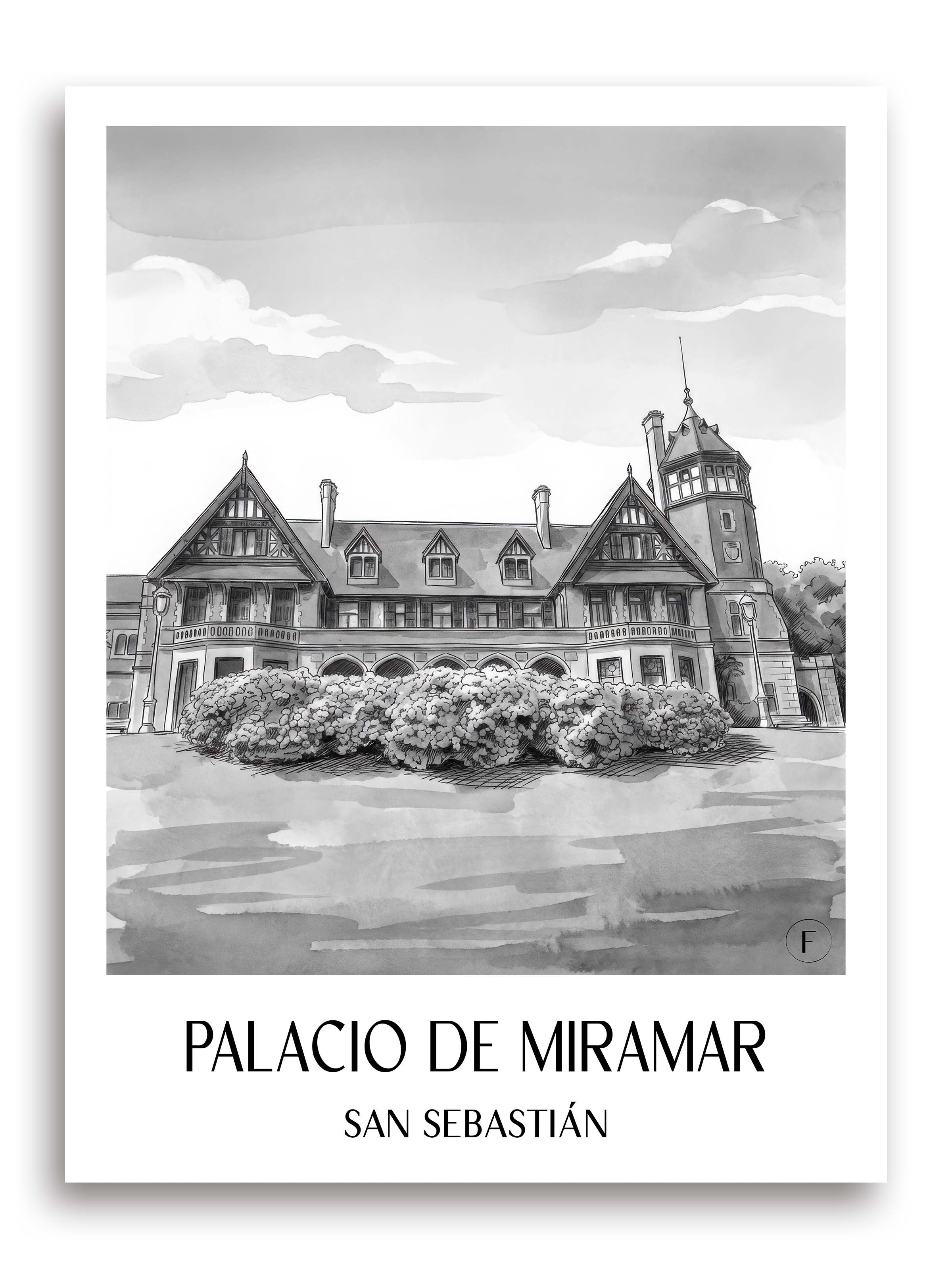 palacio-de-miramar-san-sebastián-spanien-poster-aquarell-schwarz-weiss