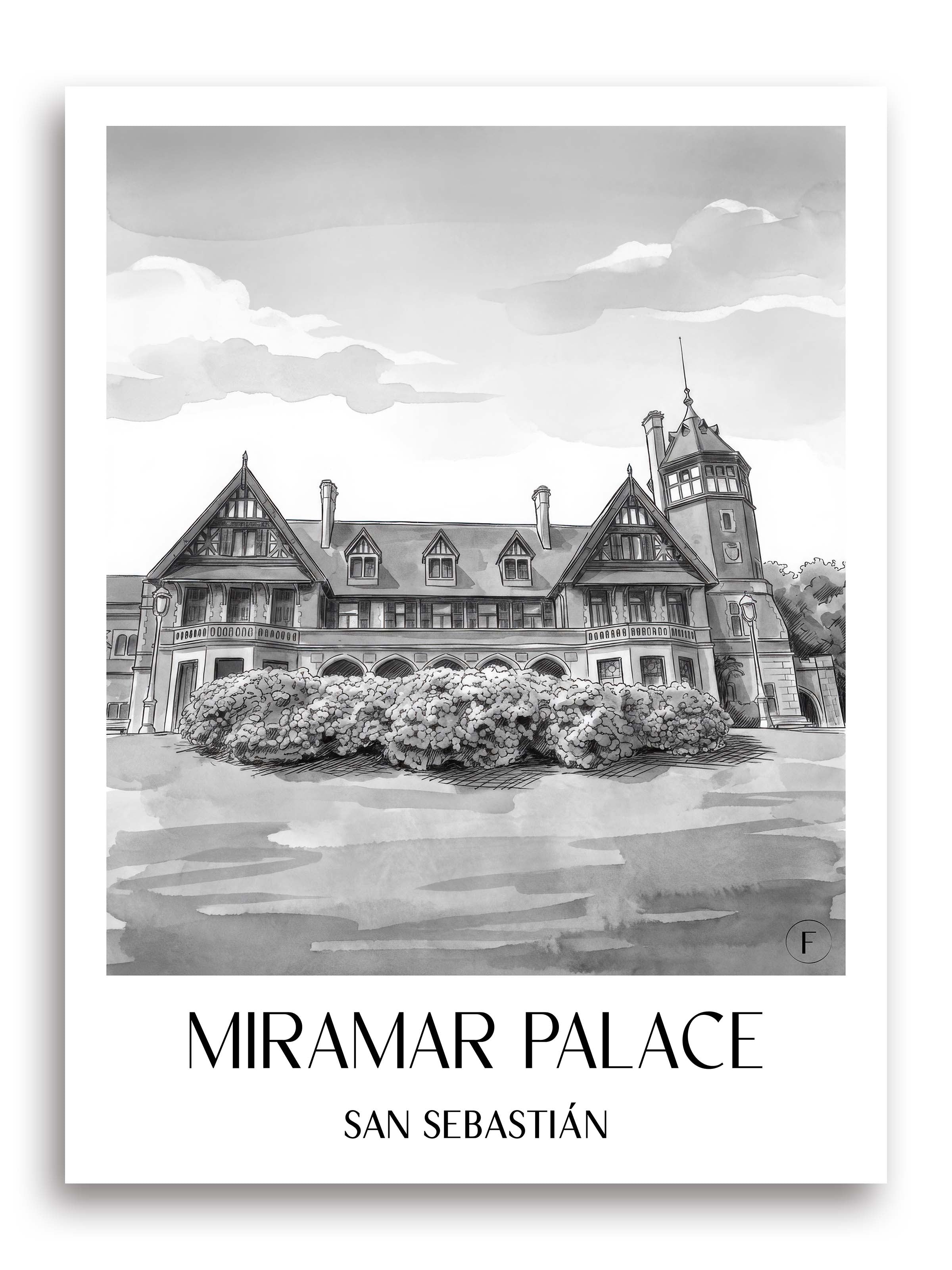 Palacio de Miramar Poster - San Sebastián - Spanien Kunstdruck - Aquarell Schwarz-Weiß von A4 bis A1 - favplace