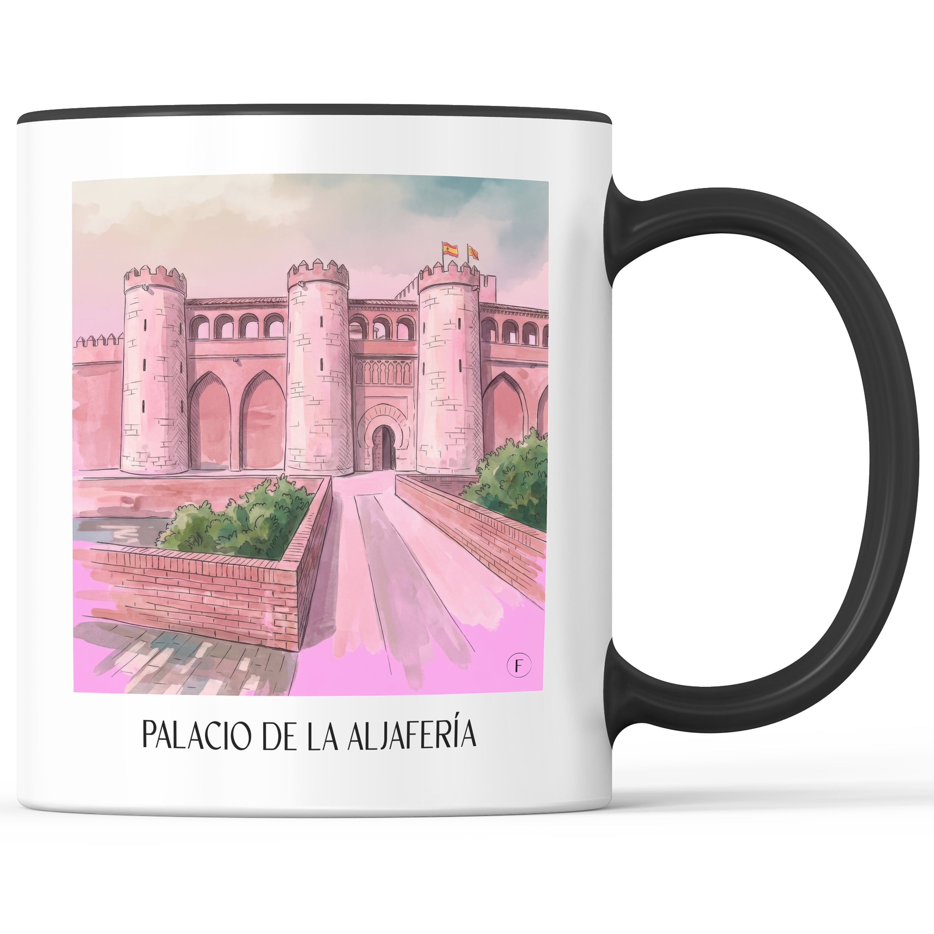palacio-de-la-aljafería-zaragoza-spanien-kaffeebecher-aquarell-pink-rosa