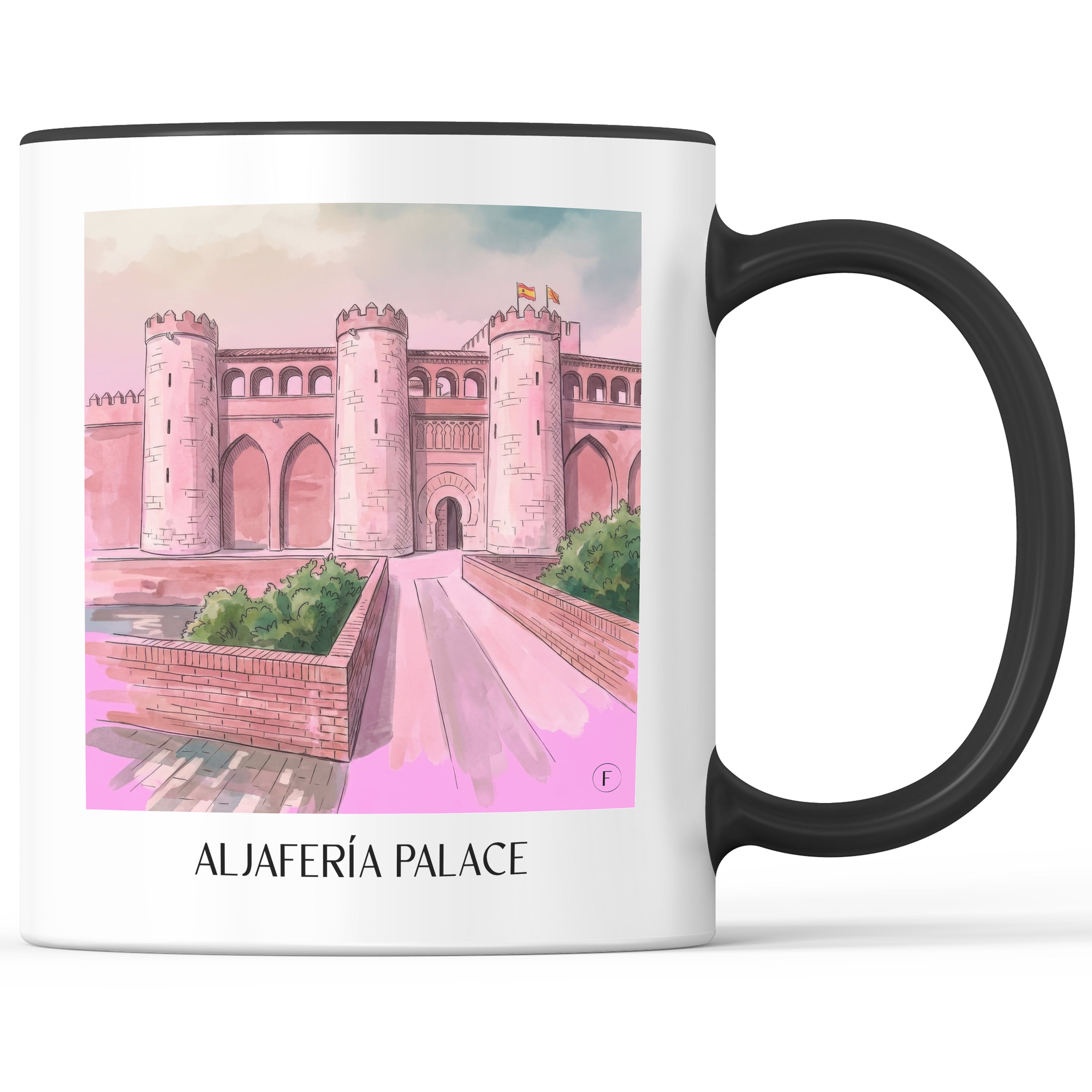 Palacio de la Aljafería Kaffeebecher - Zaragoza - Spanien Becher - Kaffeetasse im Aquarell Pink Stil - favplace
