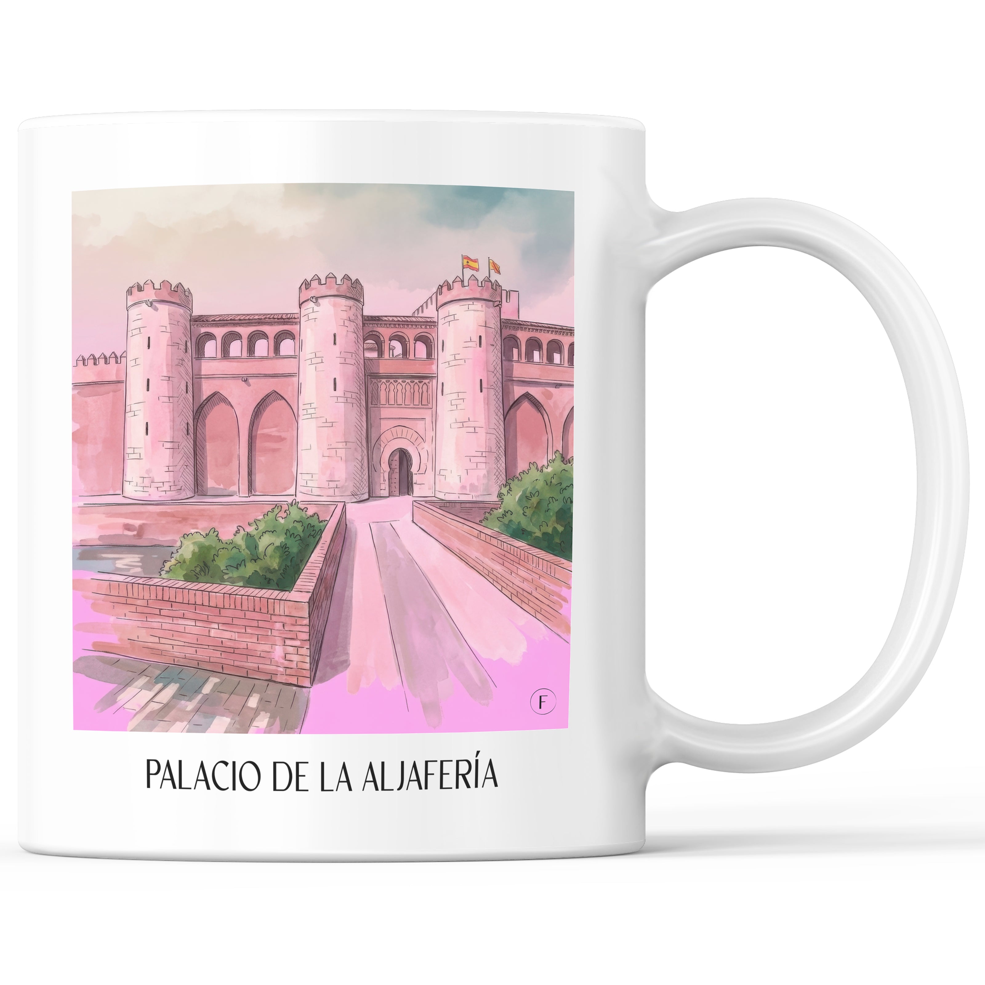 Palacio de la Aljafería Kaffeebecher - Zaragoza - Spanien Becher - Kaffeetasse im Aquarell Pink Stil - favplace