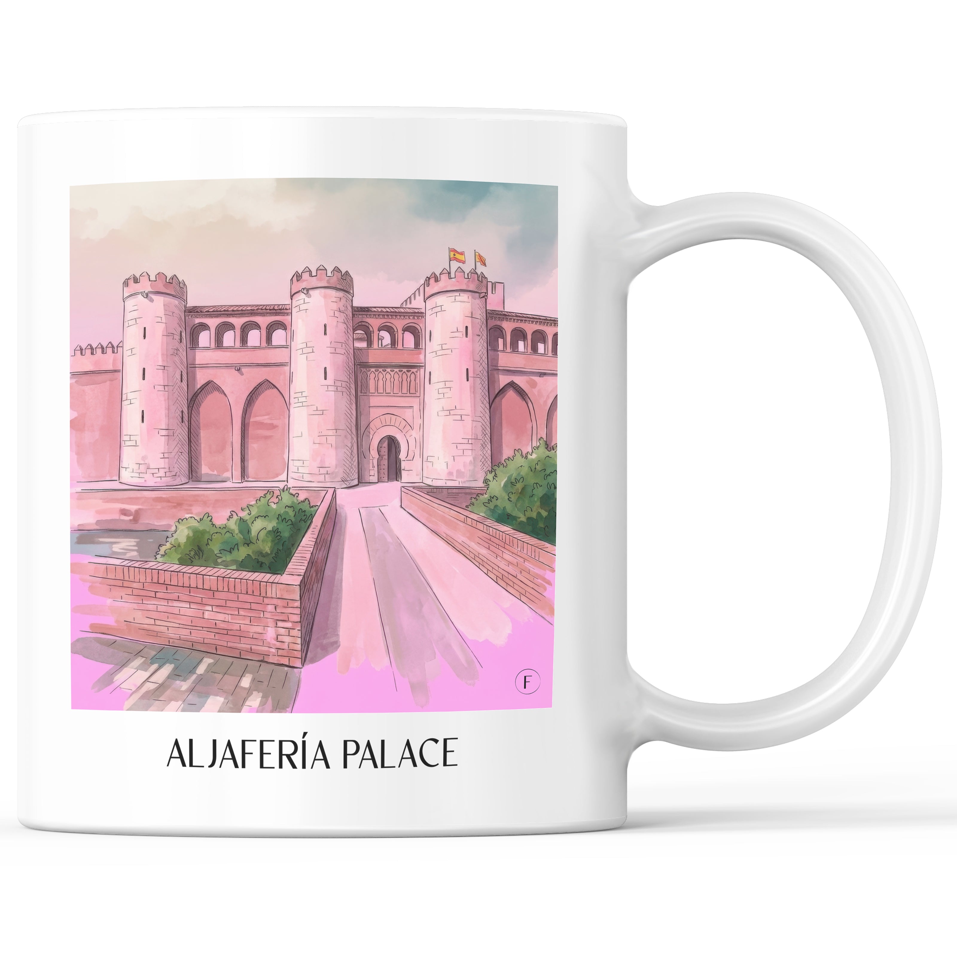 Palacio de la Aljafería Kaffeebecher - Zaragoza - Spanien Becher - Kaffeetasse im Aquarell Pink Stil - favplace