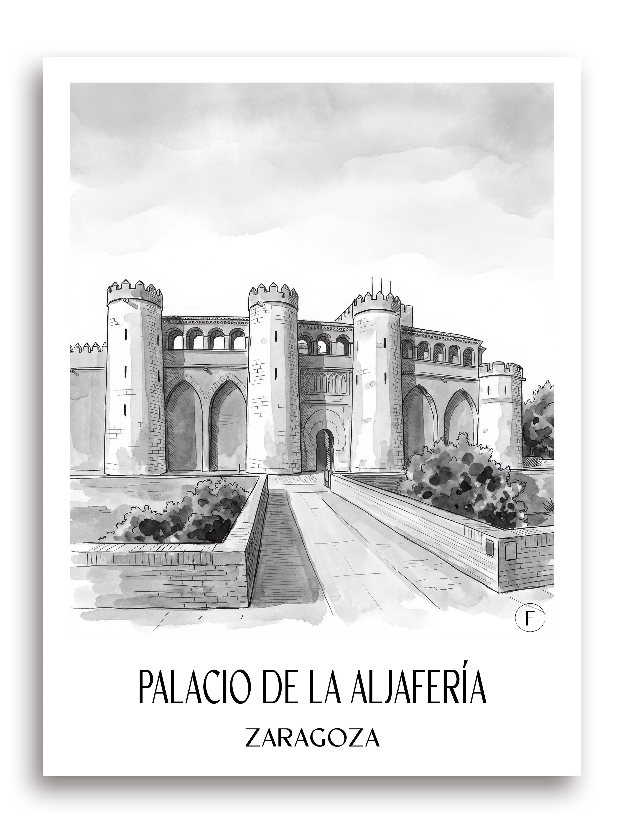 palacio-de-la-aljafería-zaragoza-spanien-poster-aquarell-schwarz-weiss
