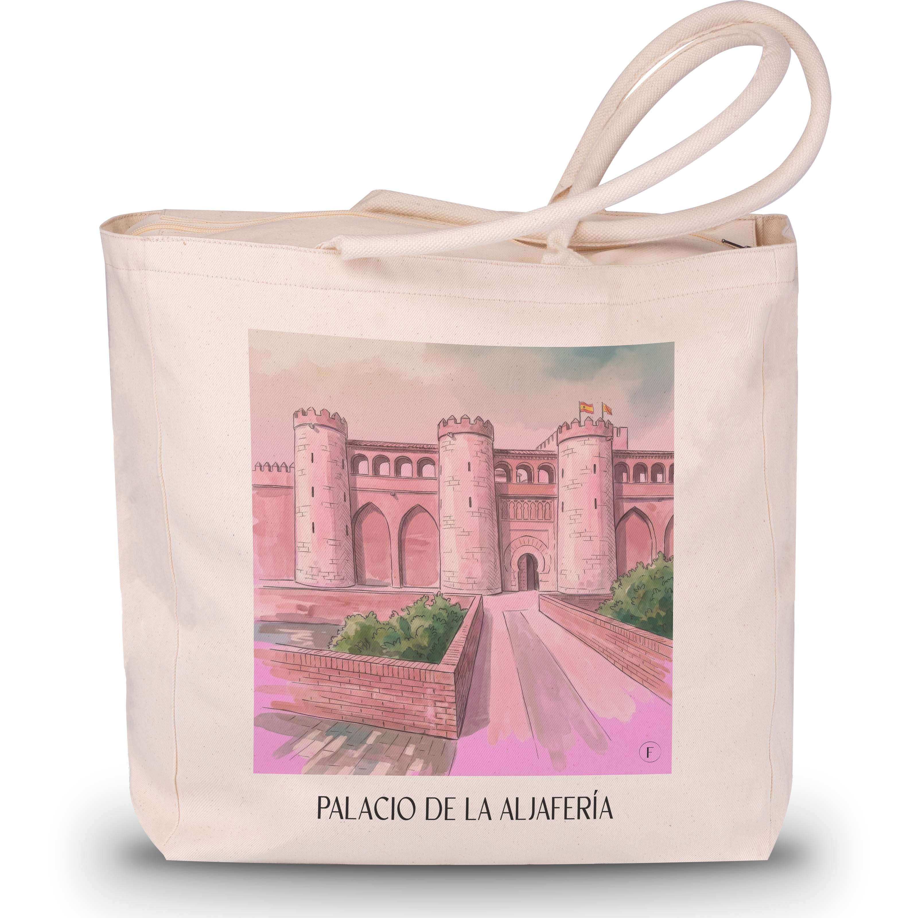 palacio-de-la-aljafería-zaragoza-spanien-einkaufstasche-aquarell-pink-rosa