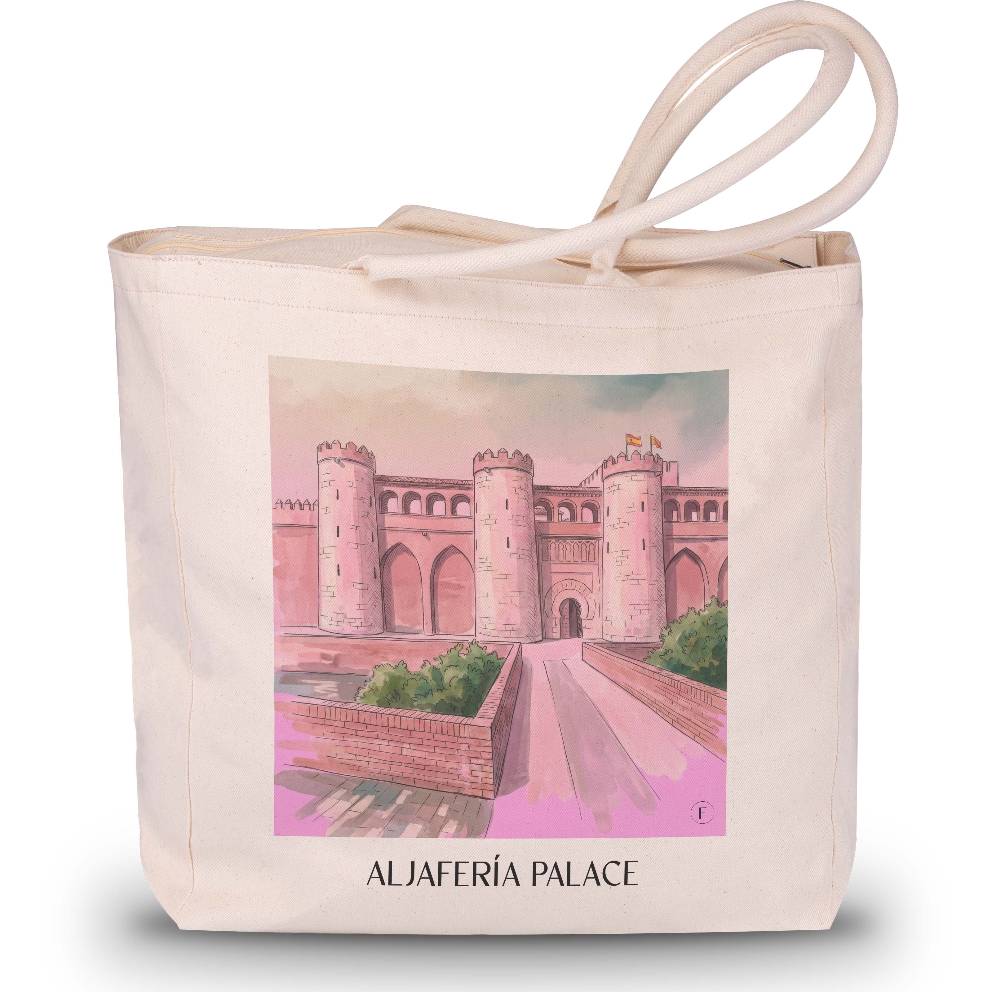 Palacio de la Aljafería Shopping Tasche - Zaragoza - Spanien Tote Bag - Einkaufstasche im Aquarell Pink Stil - favplace