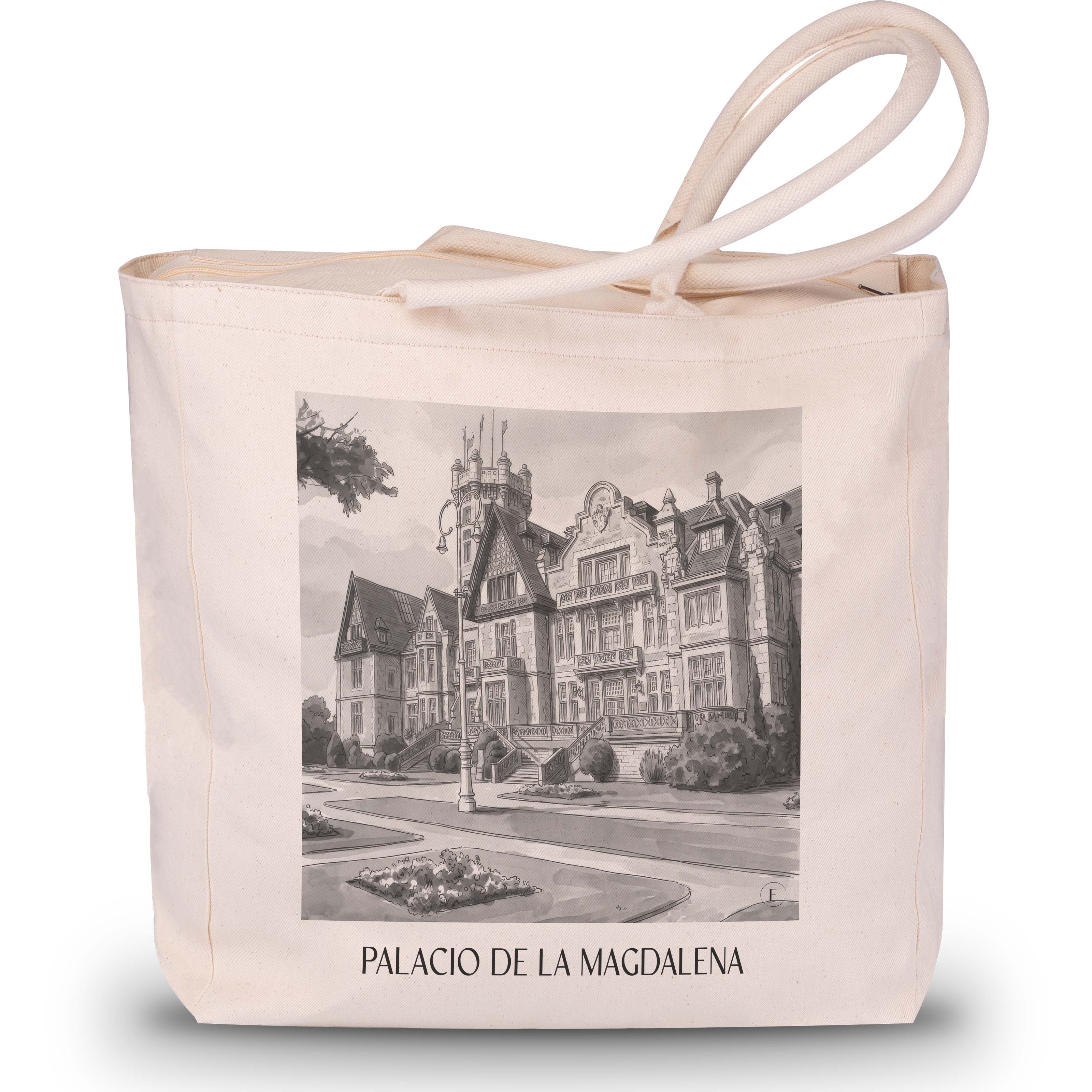 palacio-de-la-magdalena-santander-spanien-einkaufstasche-aquarell-schwarz-weiss